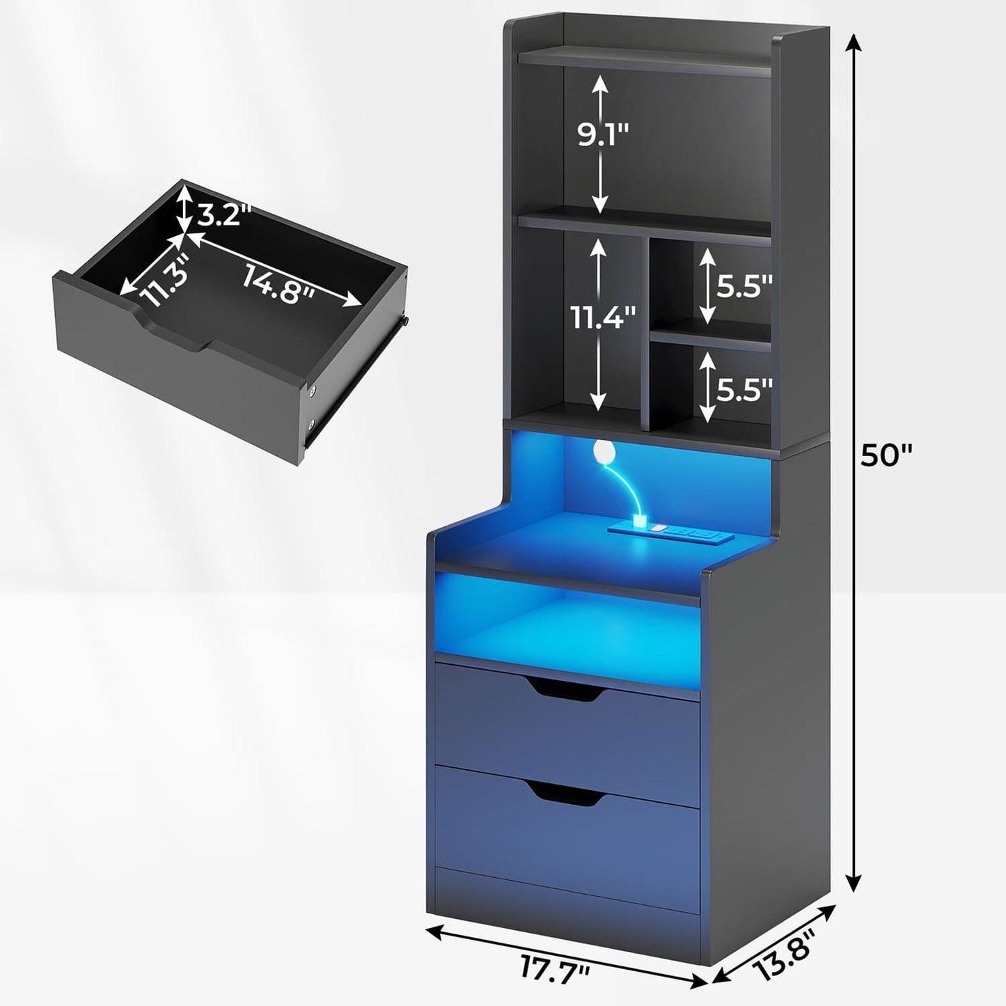2PCS LED Tall Nightstand with Bookshelf Black