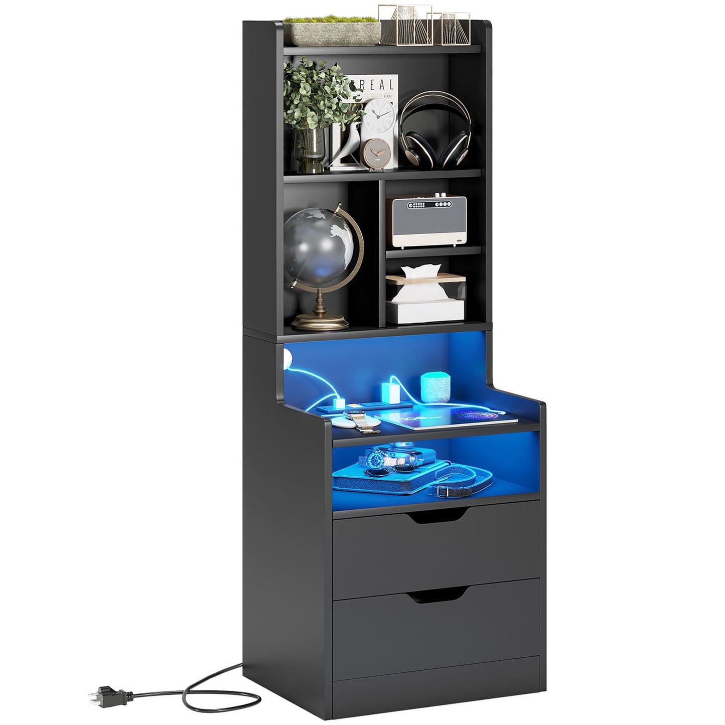 2PCS LED Tall Nightstand with Bookshelf Black