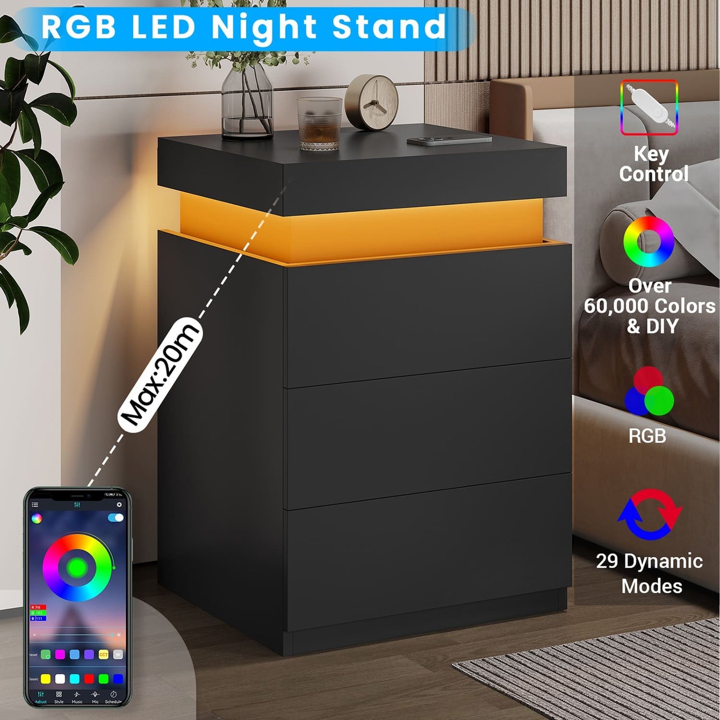 Nightstand with LED Lights Charging Station Black