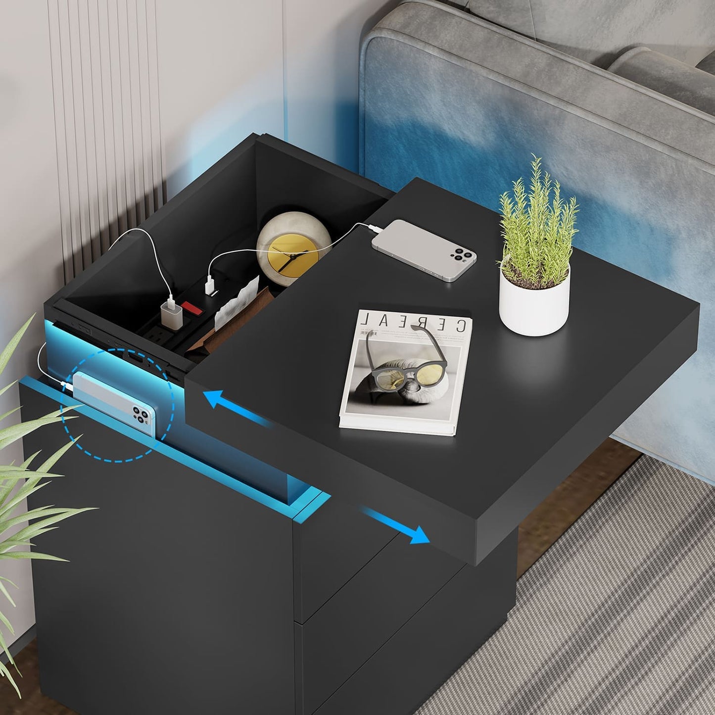 Nightstand with LED Lights Charging Station Black