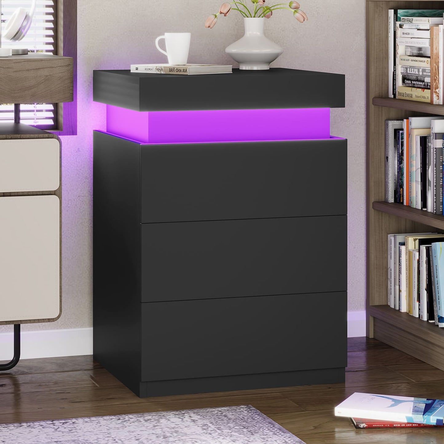 Nightstand with LED Lights Charging Station Black