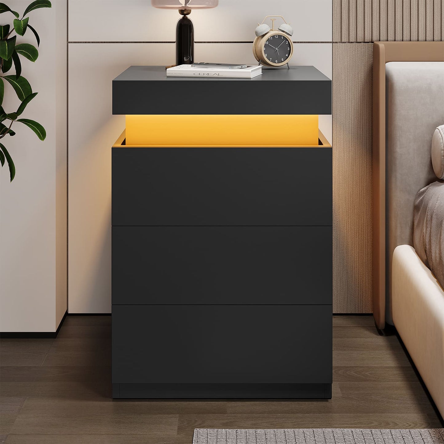 Nightstand with LED Lights Charging Station Black