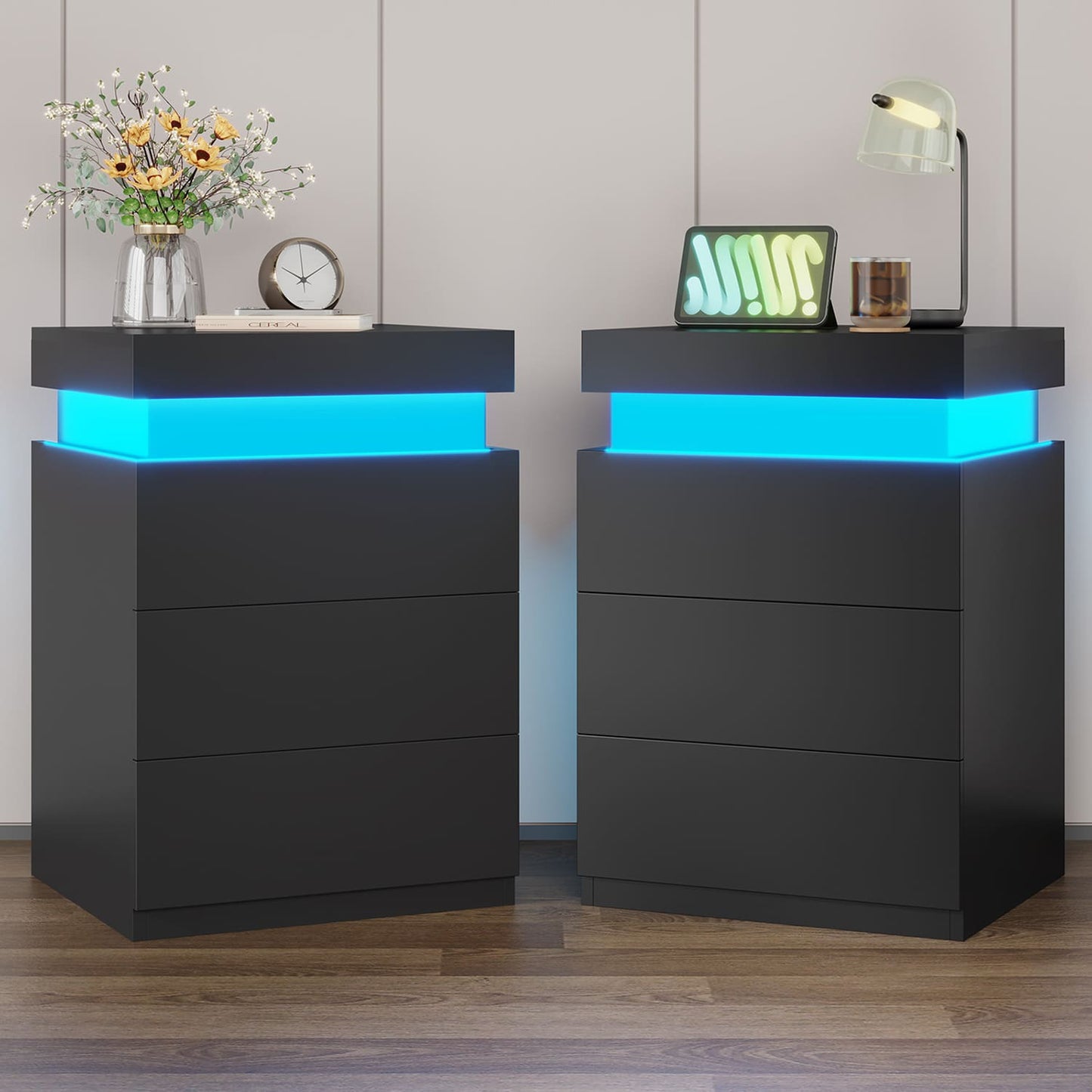 Nightstand with LED Lights Charging Station Black
