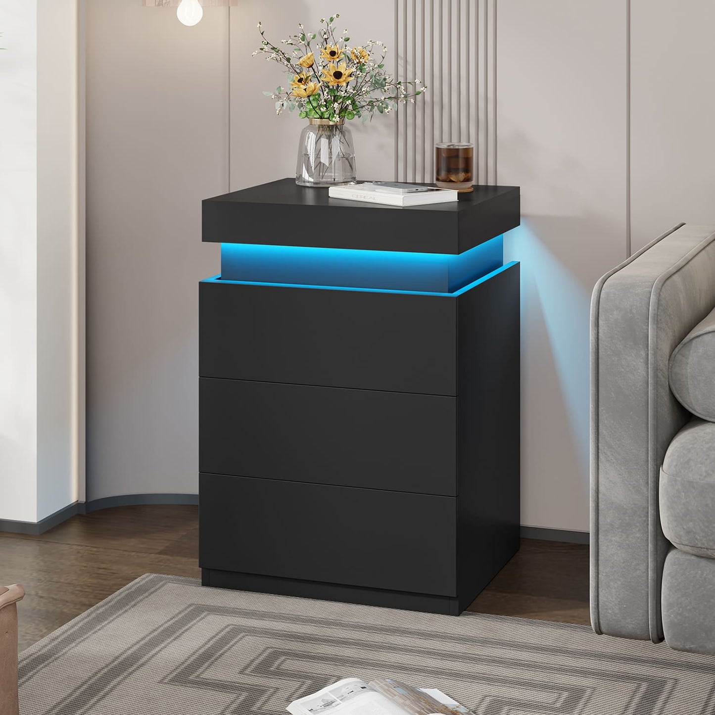 Nightstand with LED Lights Charging Station Black