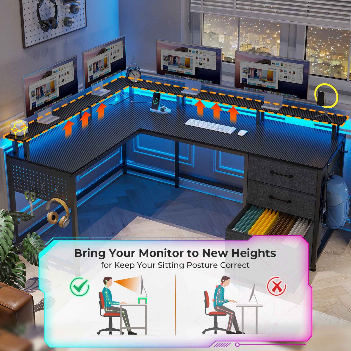 63.8 Inches L Shaped Reversible Corner LED Gaming Desk Black