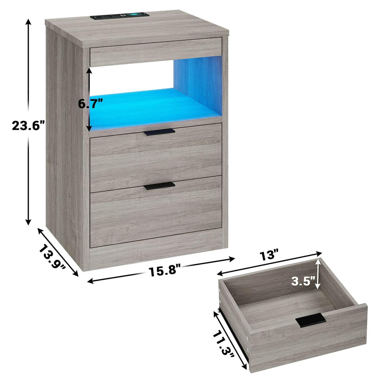 LED Nightstand with Wireless Charging Station Grey