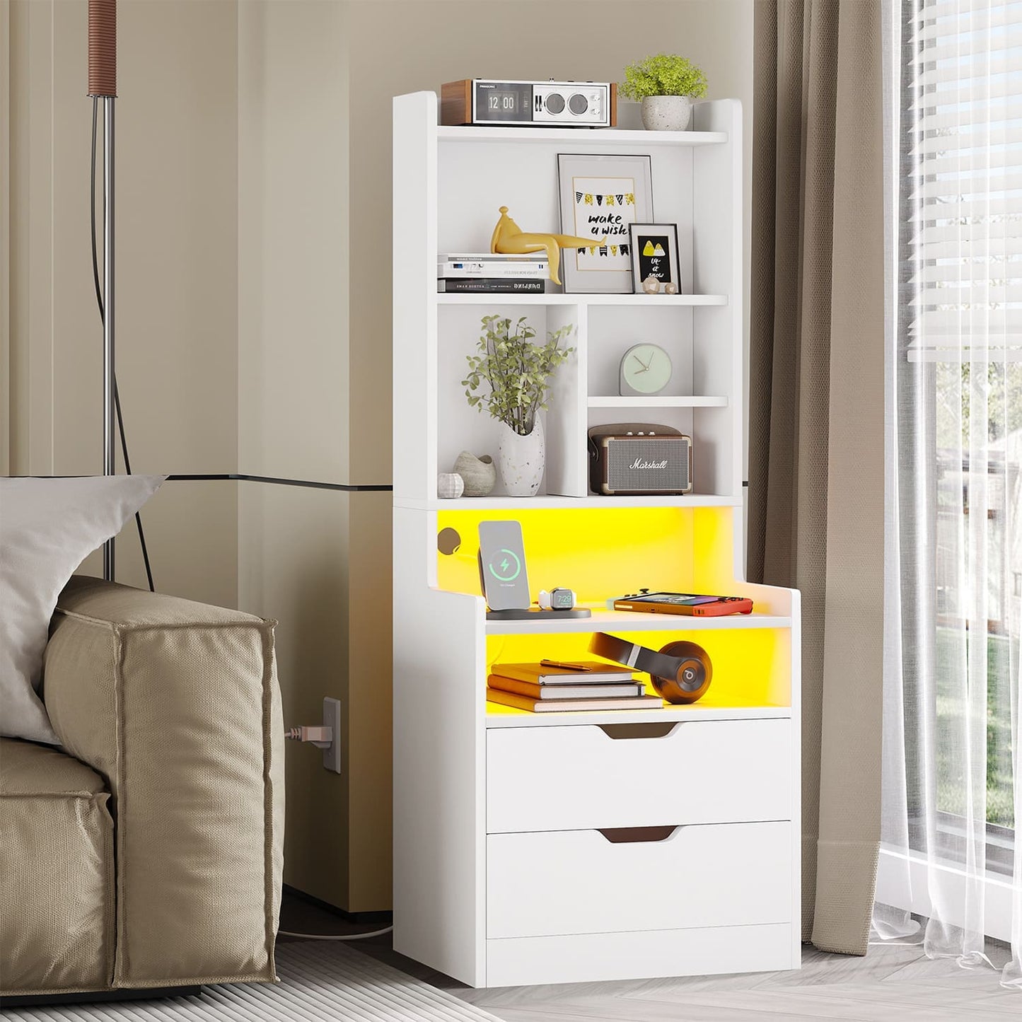 2PCS LED Tall Nightstand with Bookshelf White