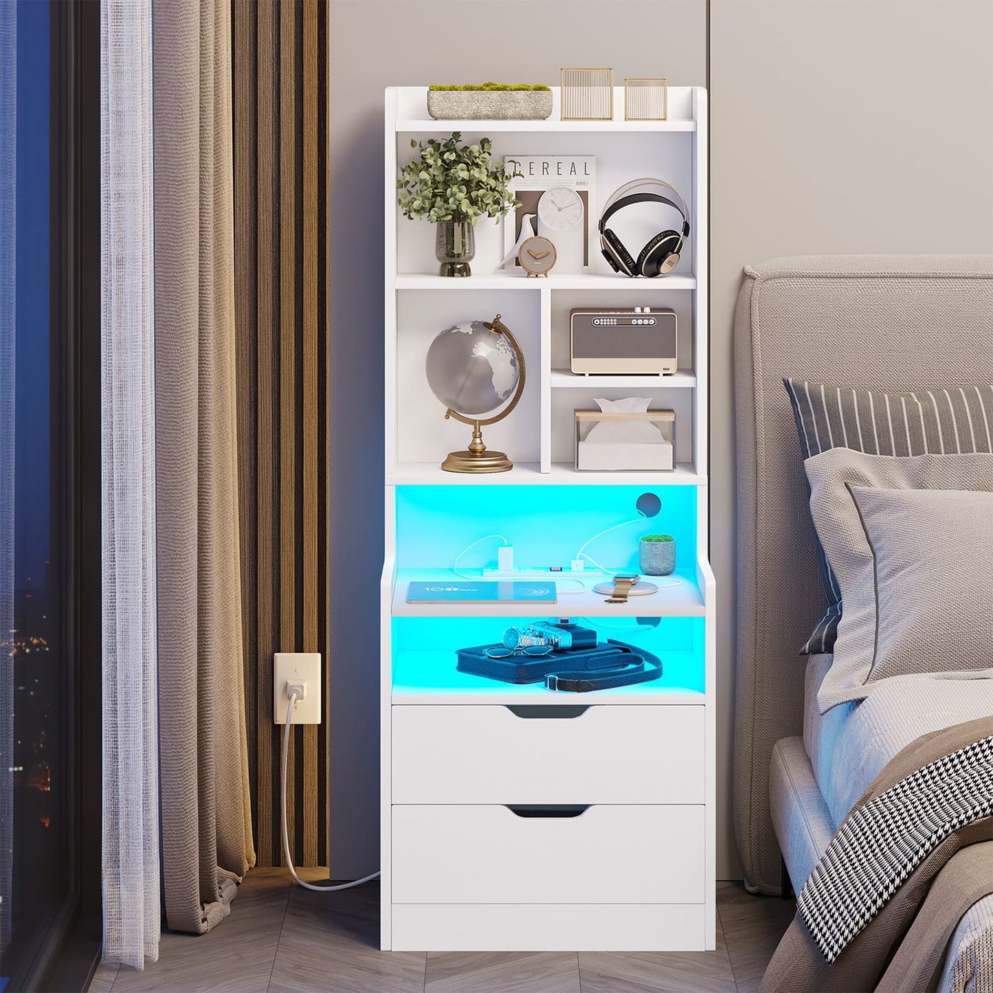 2PCS LED Tall Nightstand with Bookshelf White