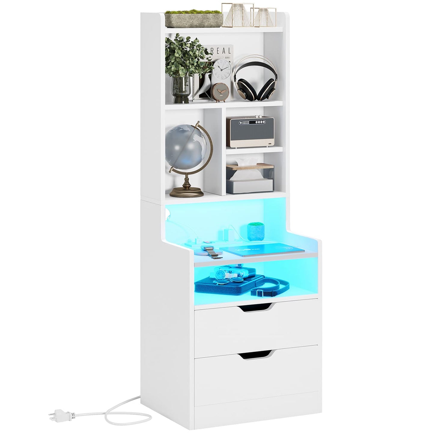 2PCS LED Tall Nightstand with Bookshelf White