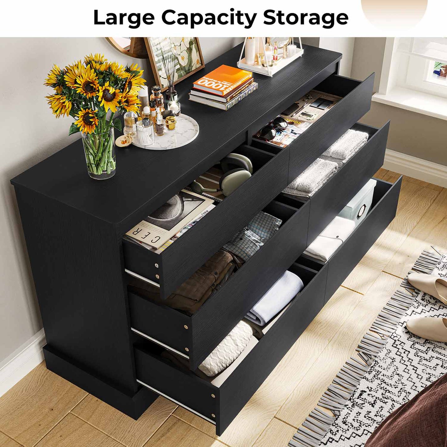 51.5 Inches Wide Dresser with 6 Drawers Black