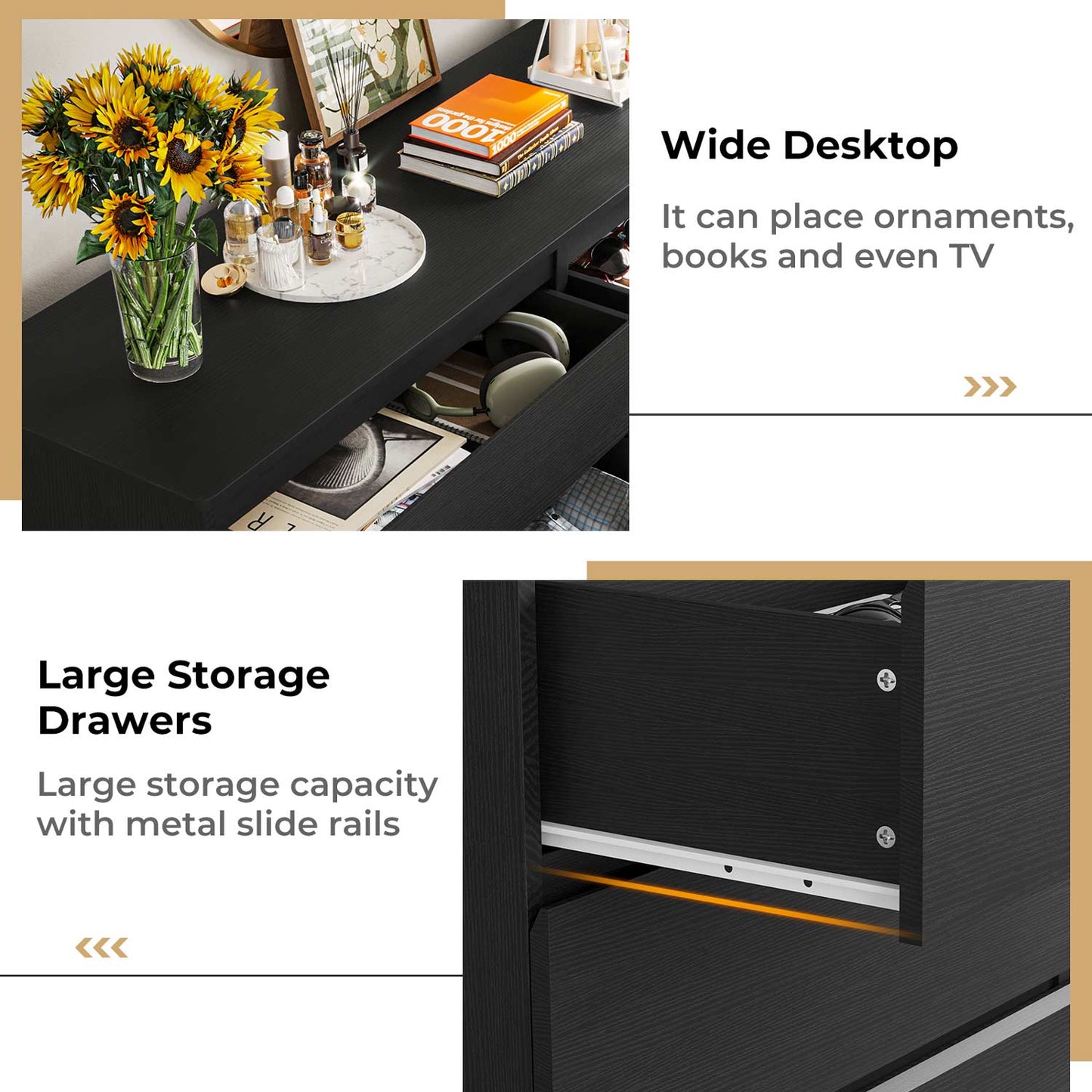 51.5 Inches Wide Dresser with 6 Drawers Black