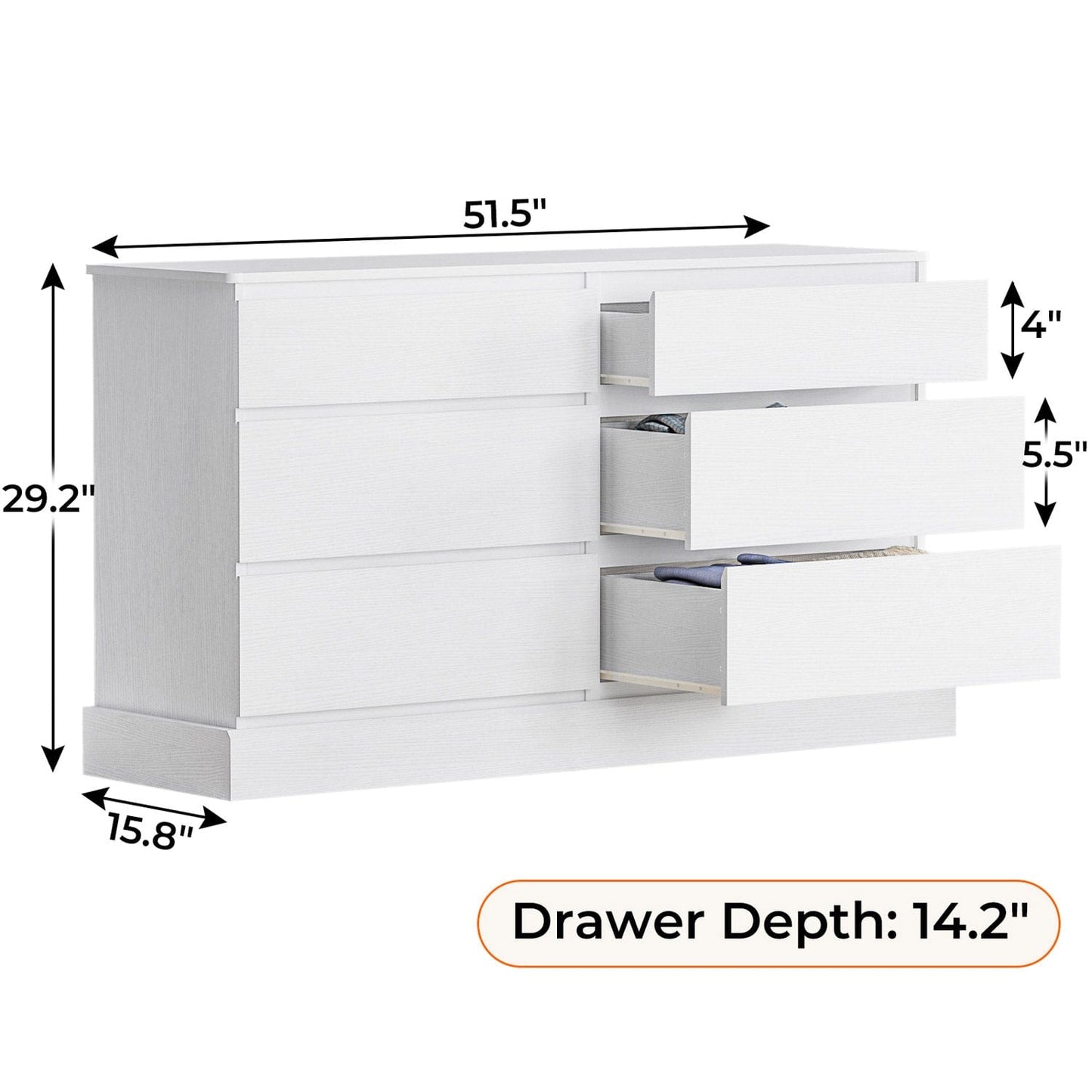 51.5 Inches Wide Dresser with 6 Drawers White