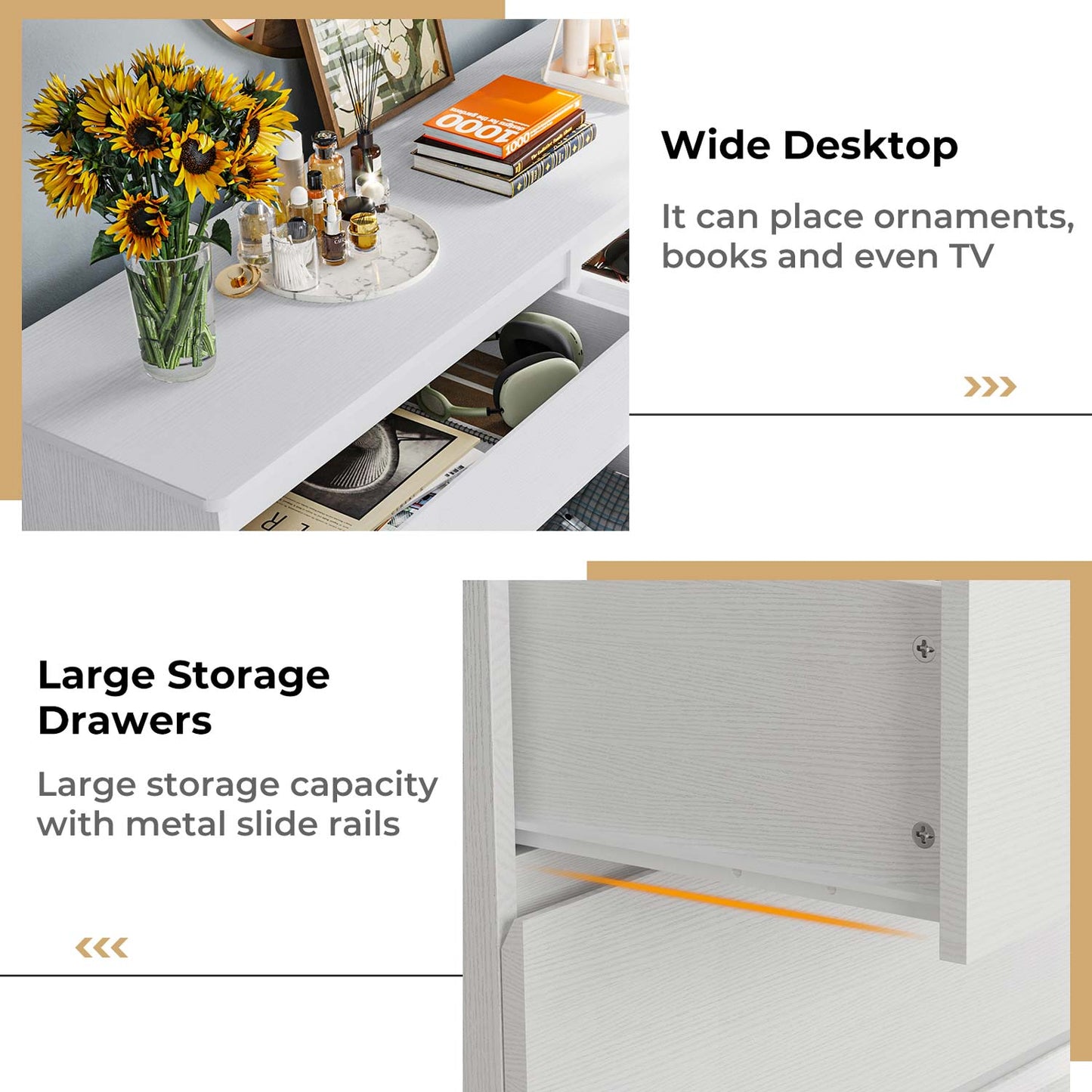 51.5 Inches Wide Dresser with 6 Drawers White