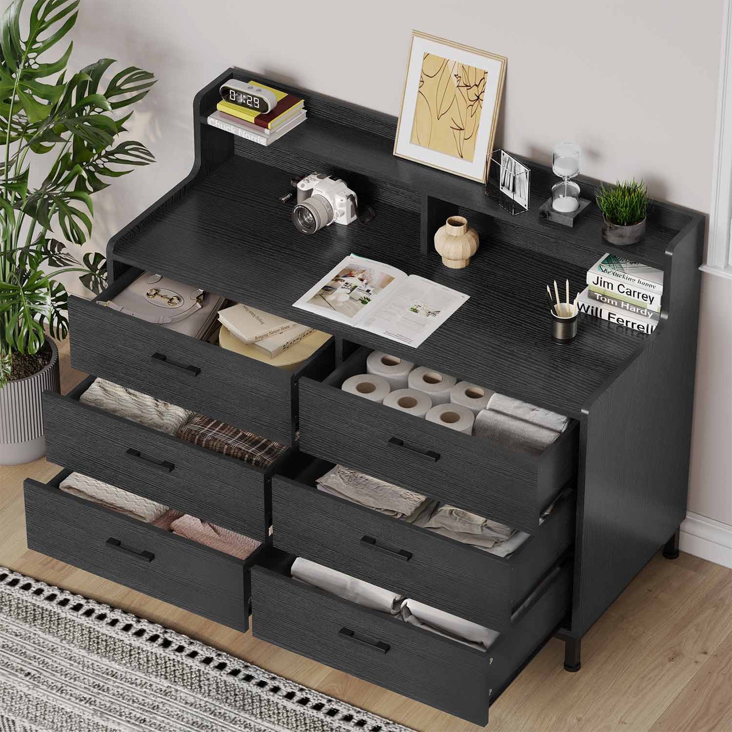 6 Drawers Dresser with Open Storage Space Black