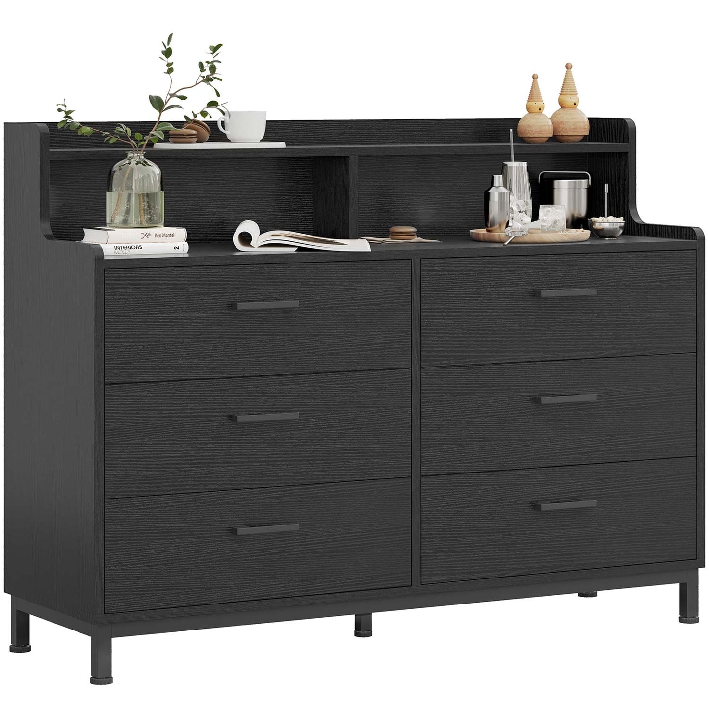 6 Drawers Dresser with Open Storage Space Black