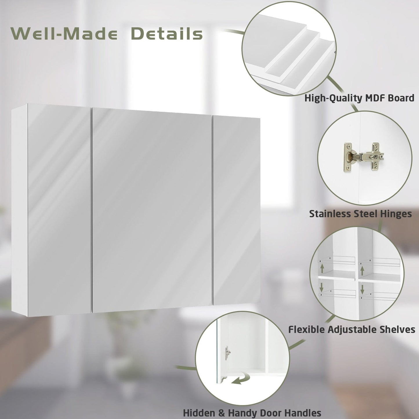 3 Doors Medicine Cabinet with Mirror White