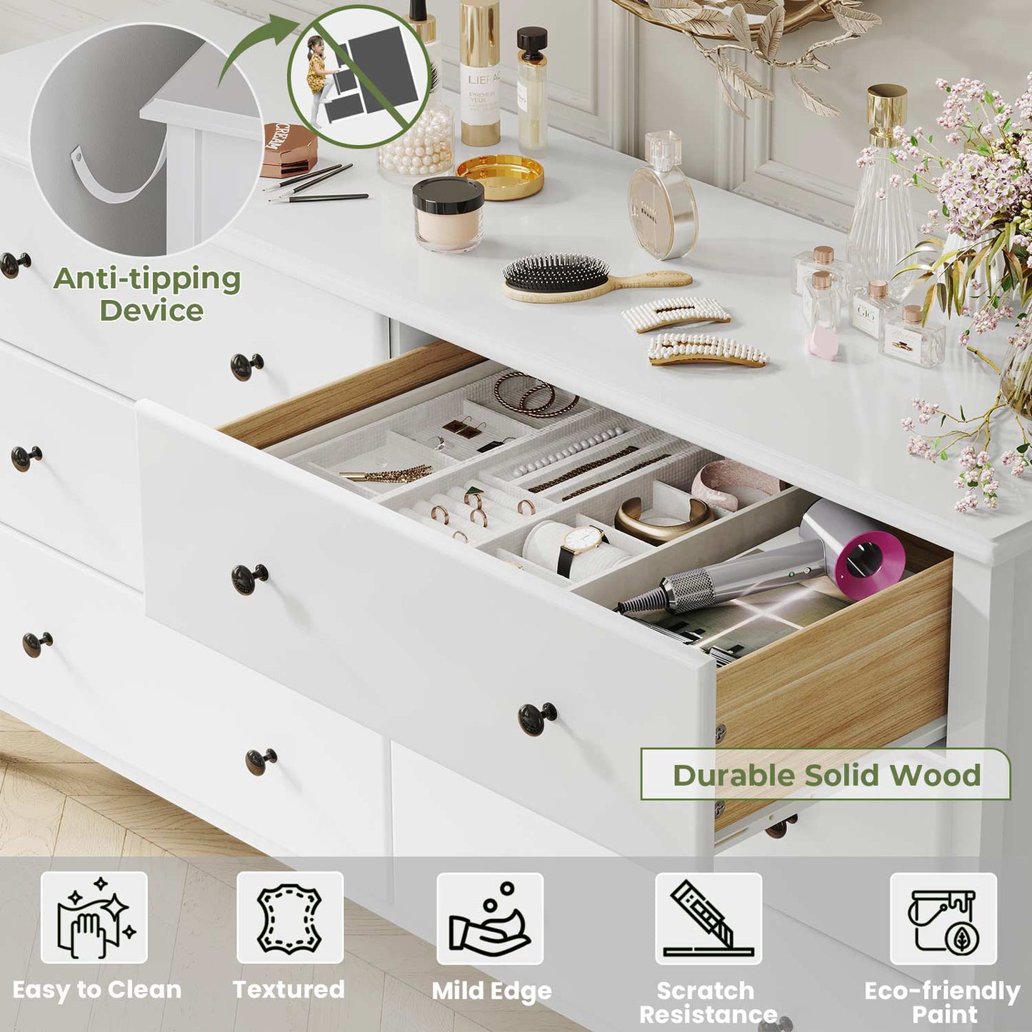 6 Drawers Dresser with Large Capacity White