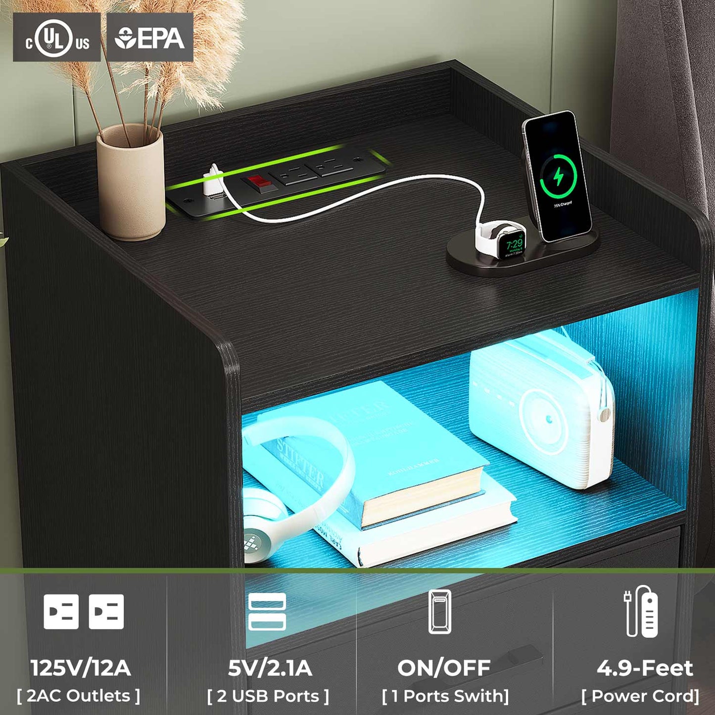 2PCS LED Nightstands with 2 Storage Drawers Black