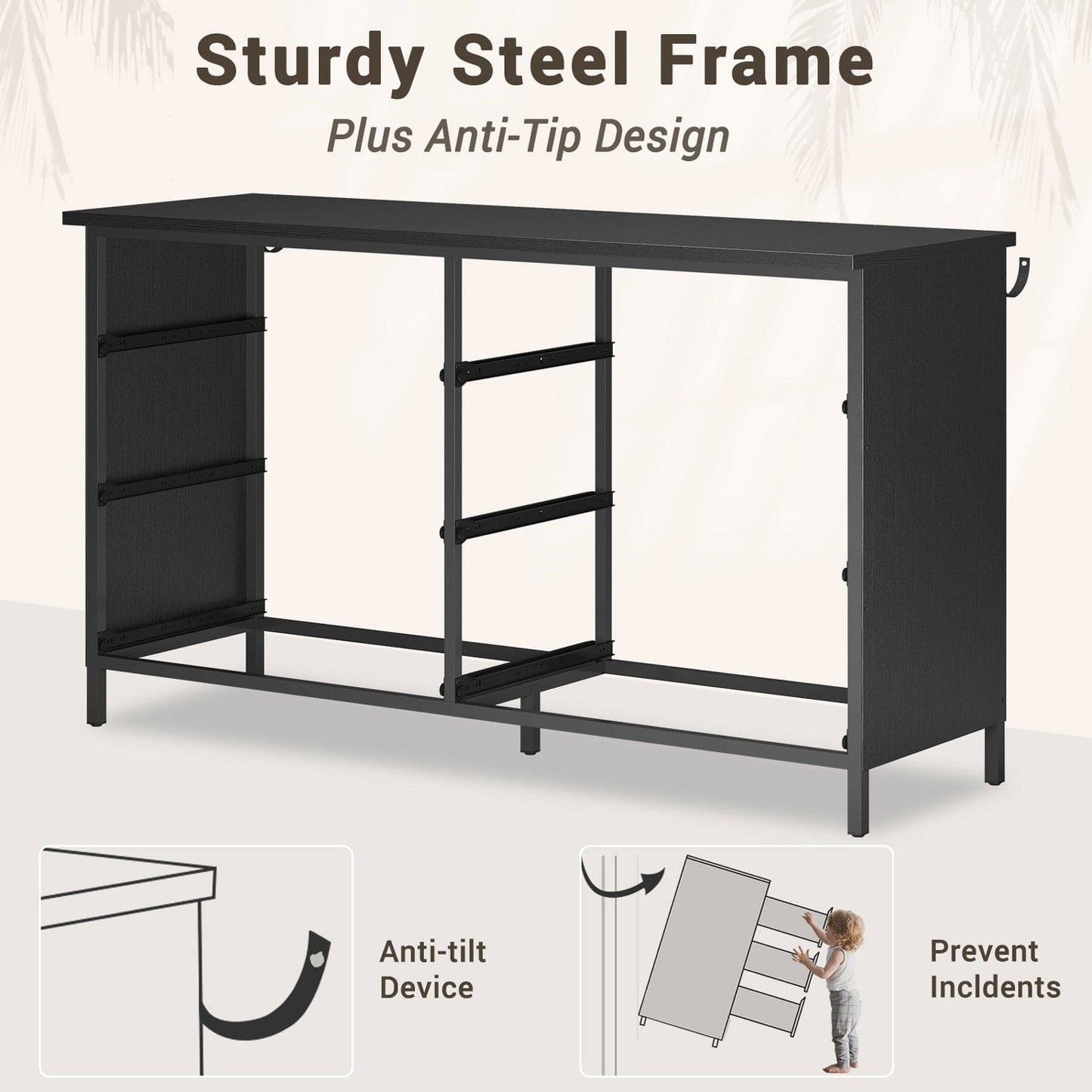 6 Drawers Dresser with Heavy Sturdy Steel Frame Black