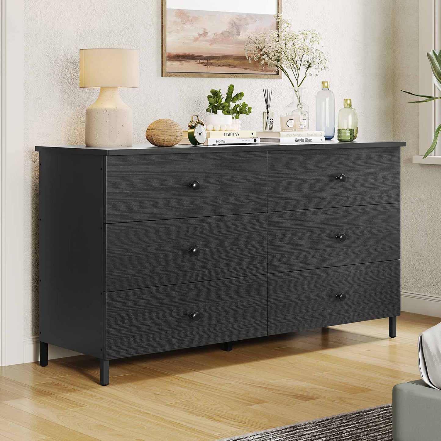 6 Drawers Dresser with Heavy Sturdy Steel Frame Black