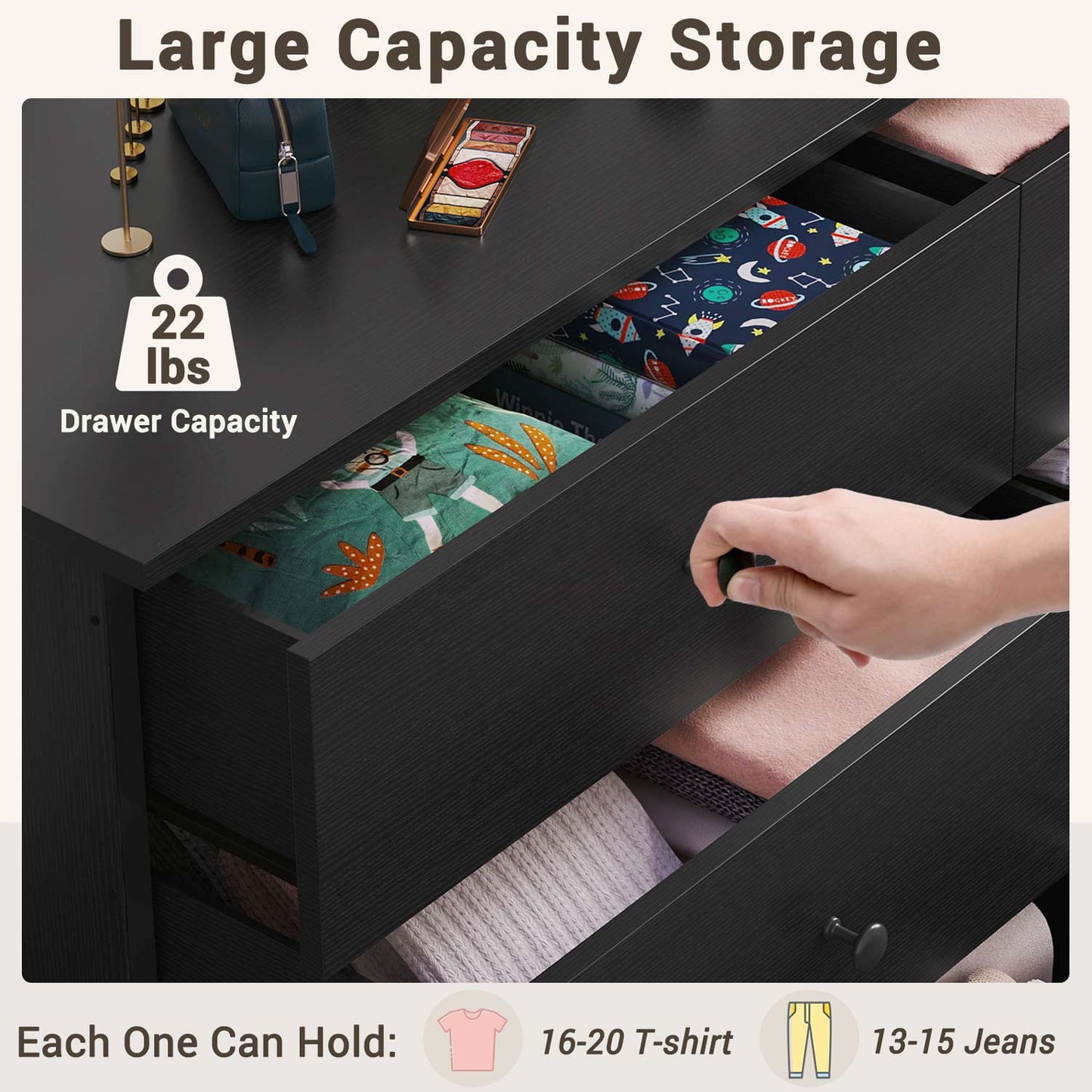 6 Drawers Dresser with Heavy Sturdy Steel Frame Black