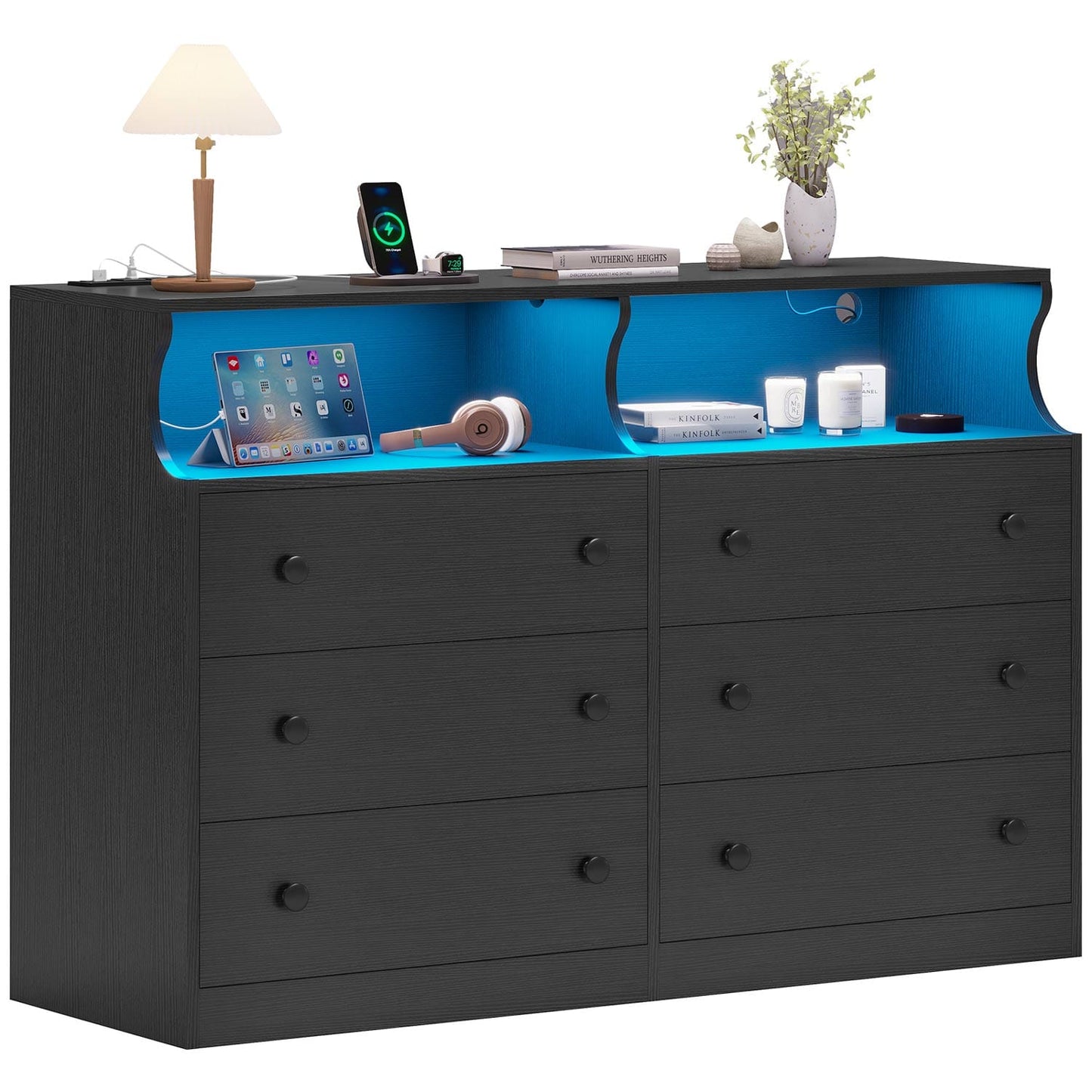 LED Dresser with 6 Drawers Charging Station Black