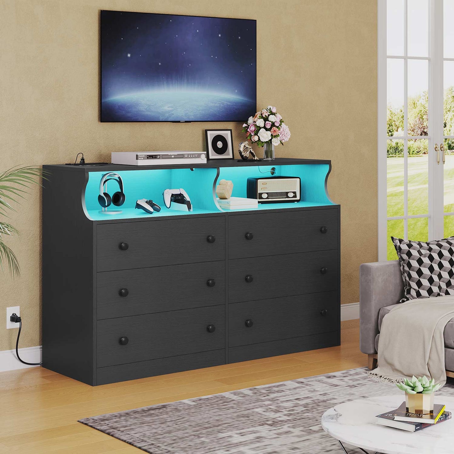 LED Dresser with 6 Drawers Charging Station Black