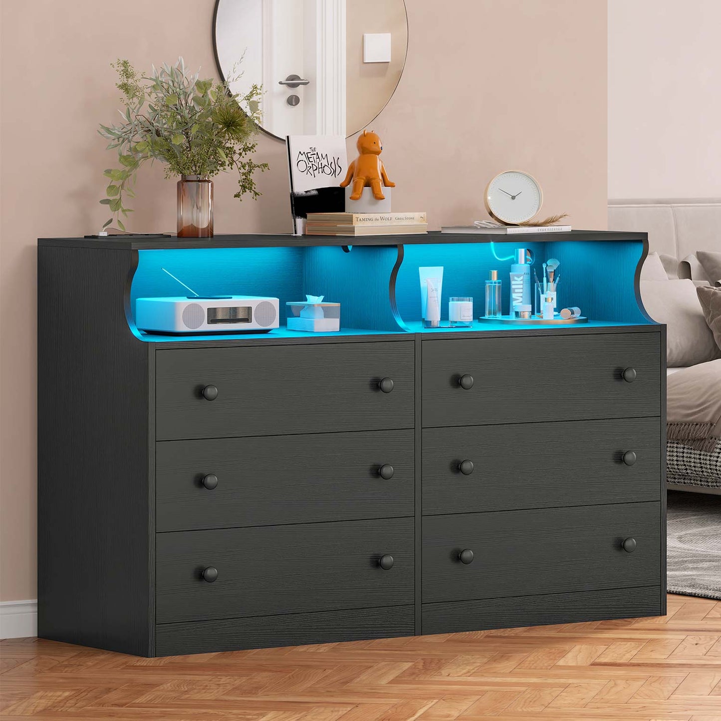 LED Dresser with 6 Drawers Charging Station Black
