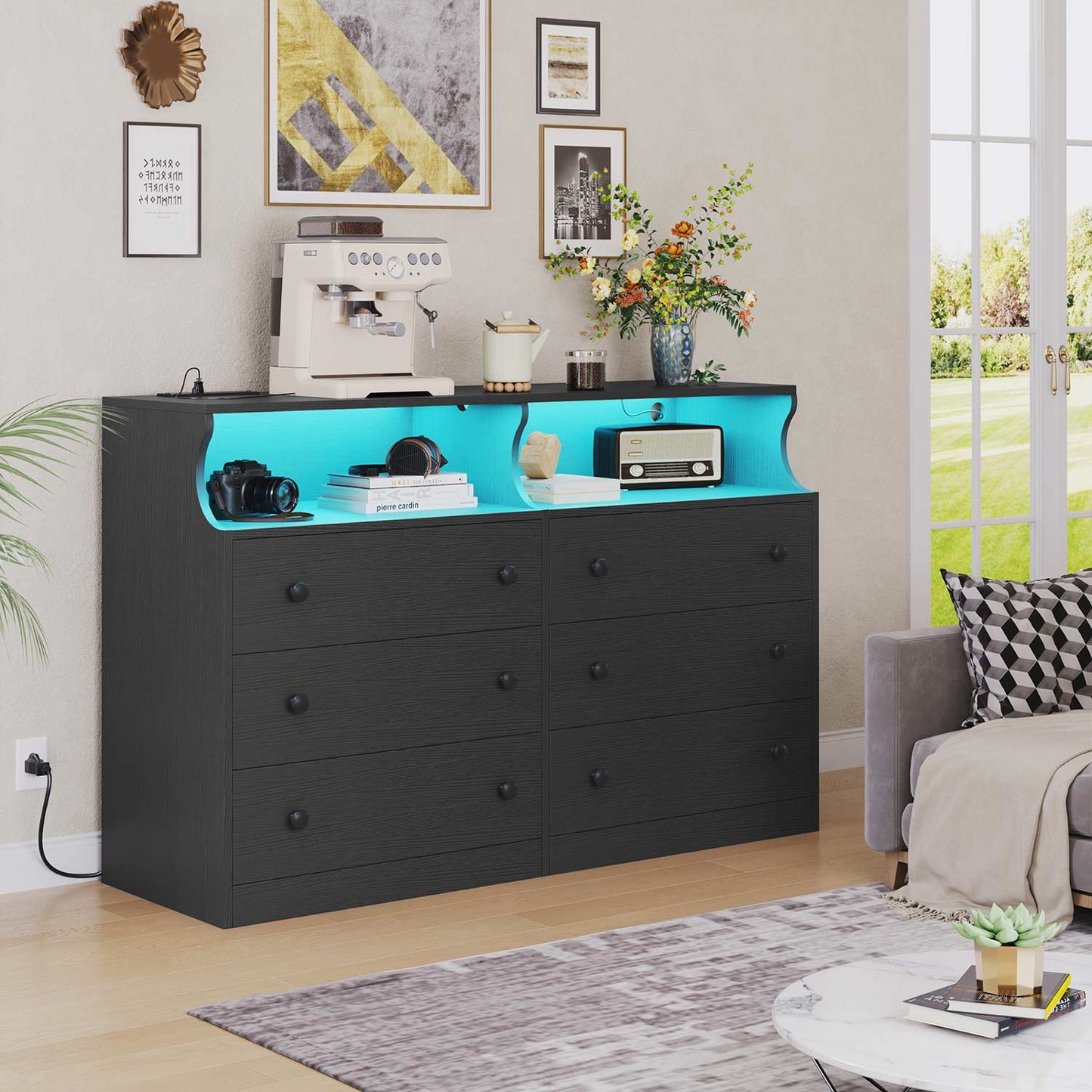 LED Dresser with 6 Drawers Charging Station Black