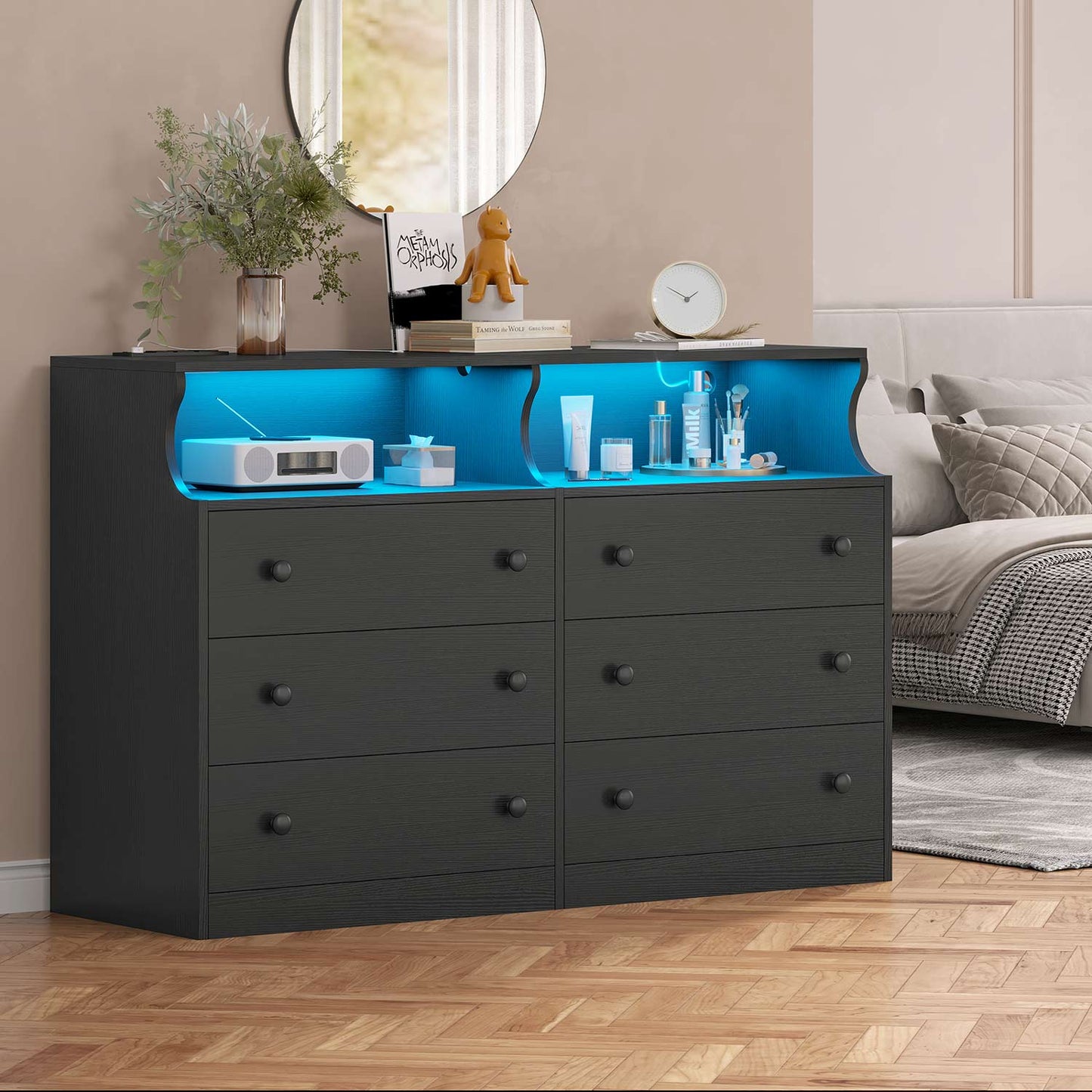 LED Dresser with 6 Drawers Charging Station Black