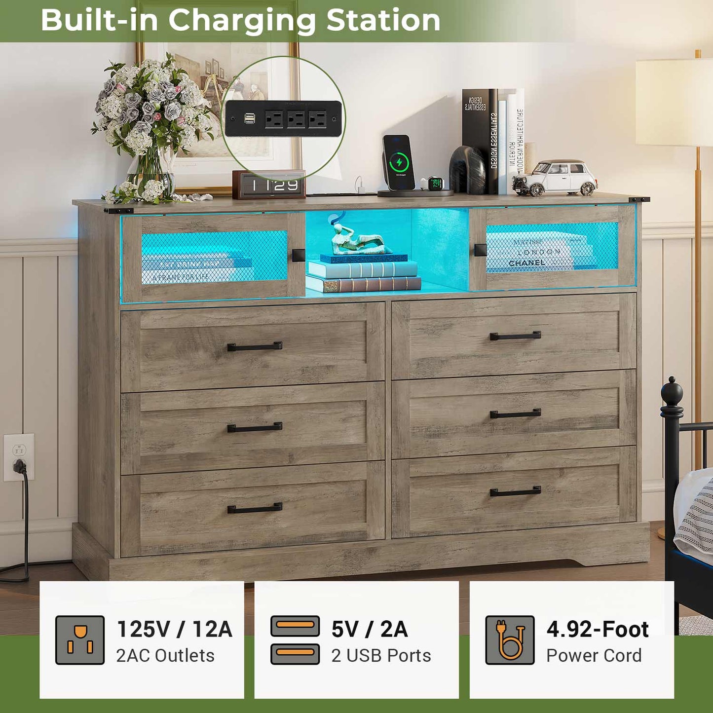 LED Dresser with 6 Storage Drawers Rustic Oak