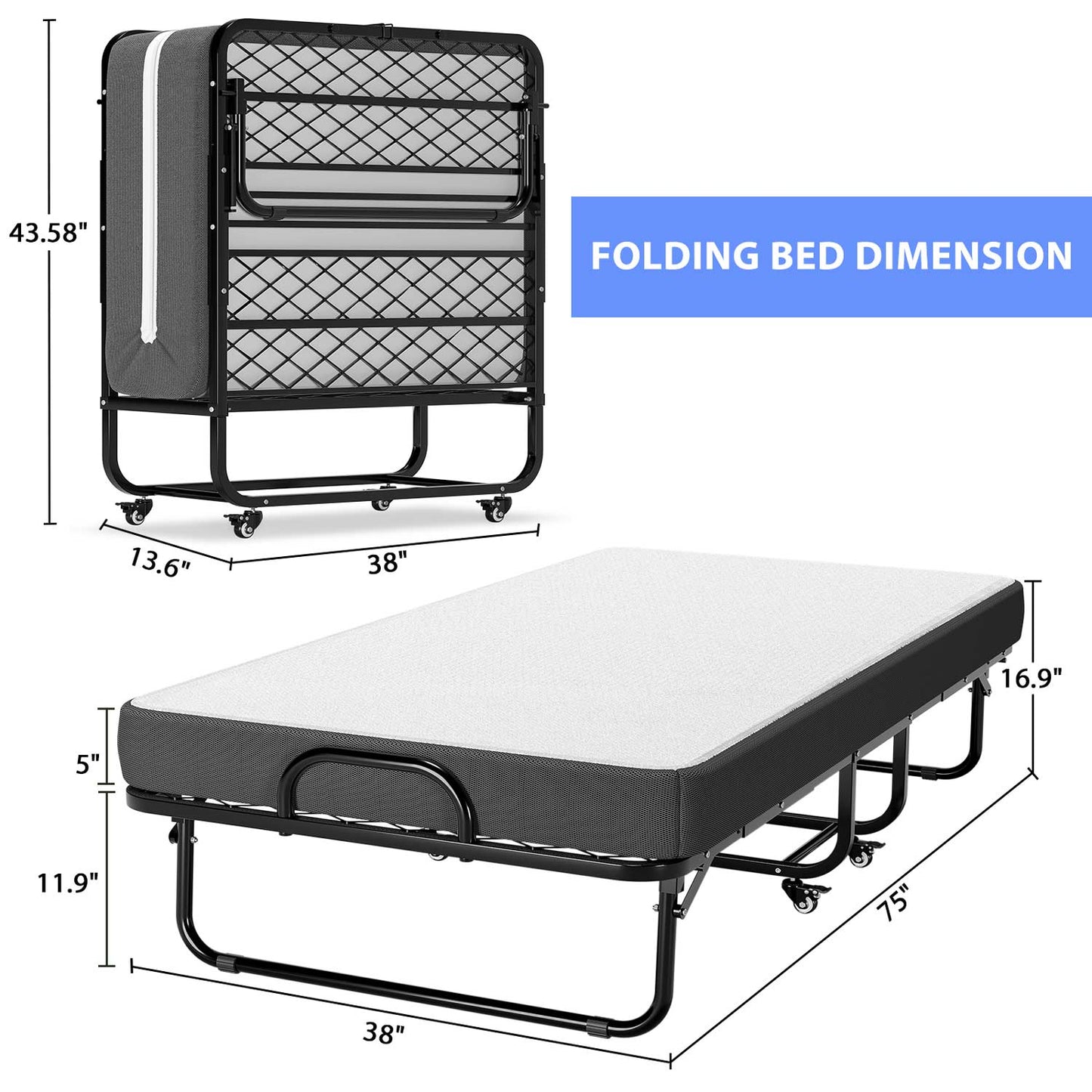 Twin Size Folding Bed with Memory Foam Mattress Black