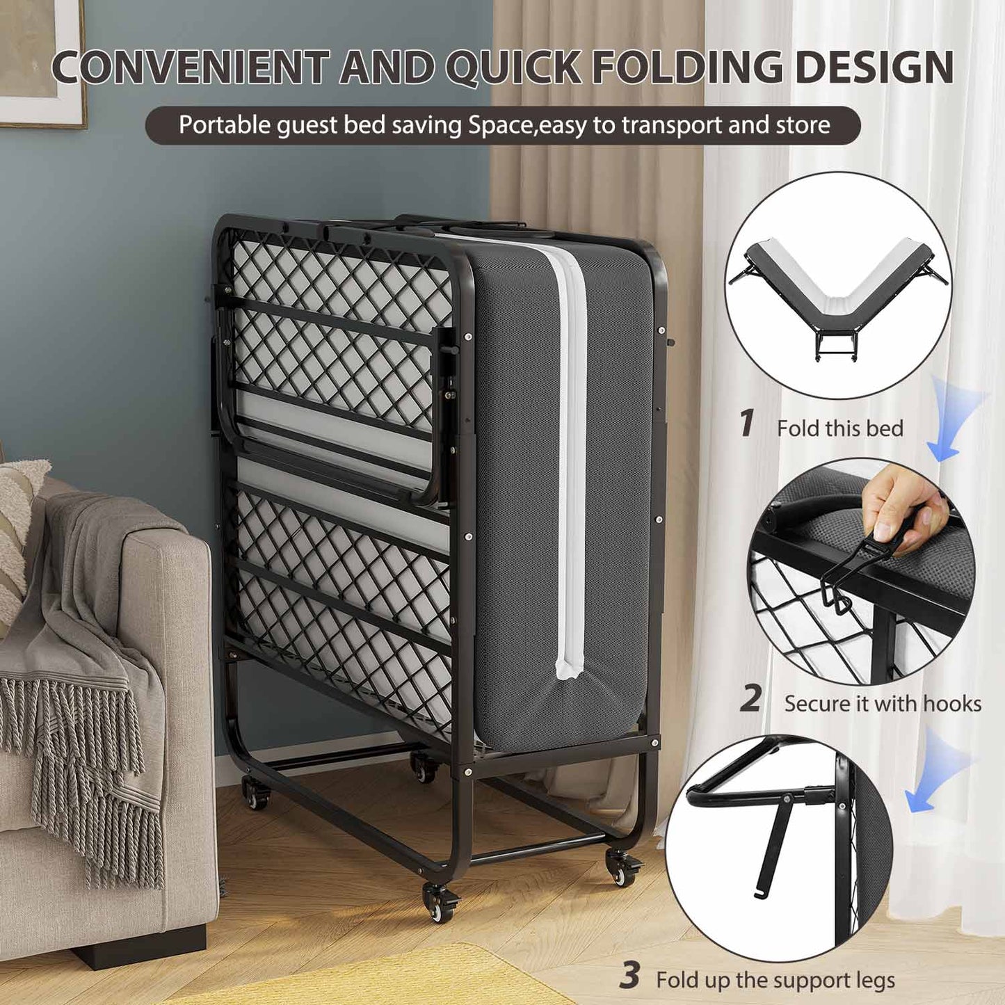 Twin Size Folding Bed with Memory Foam Mattress Black