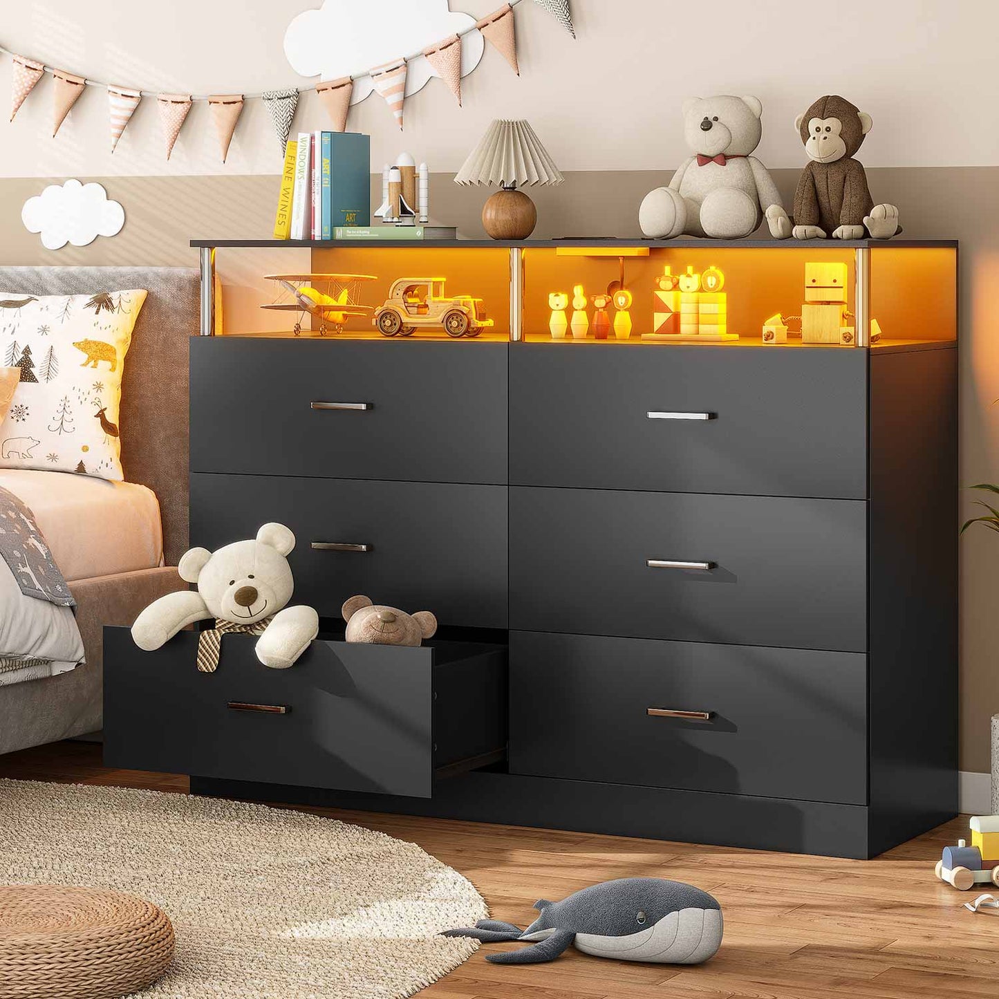 LED Wide Dresser with 6 Drawers Column Design Black