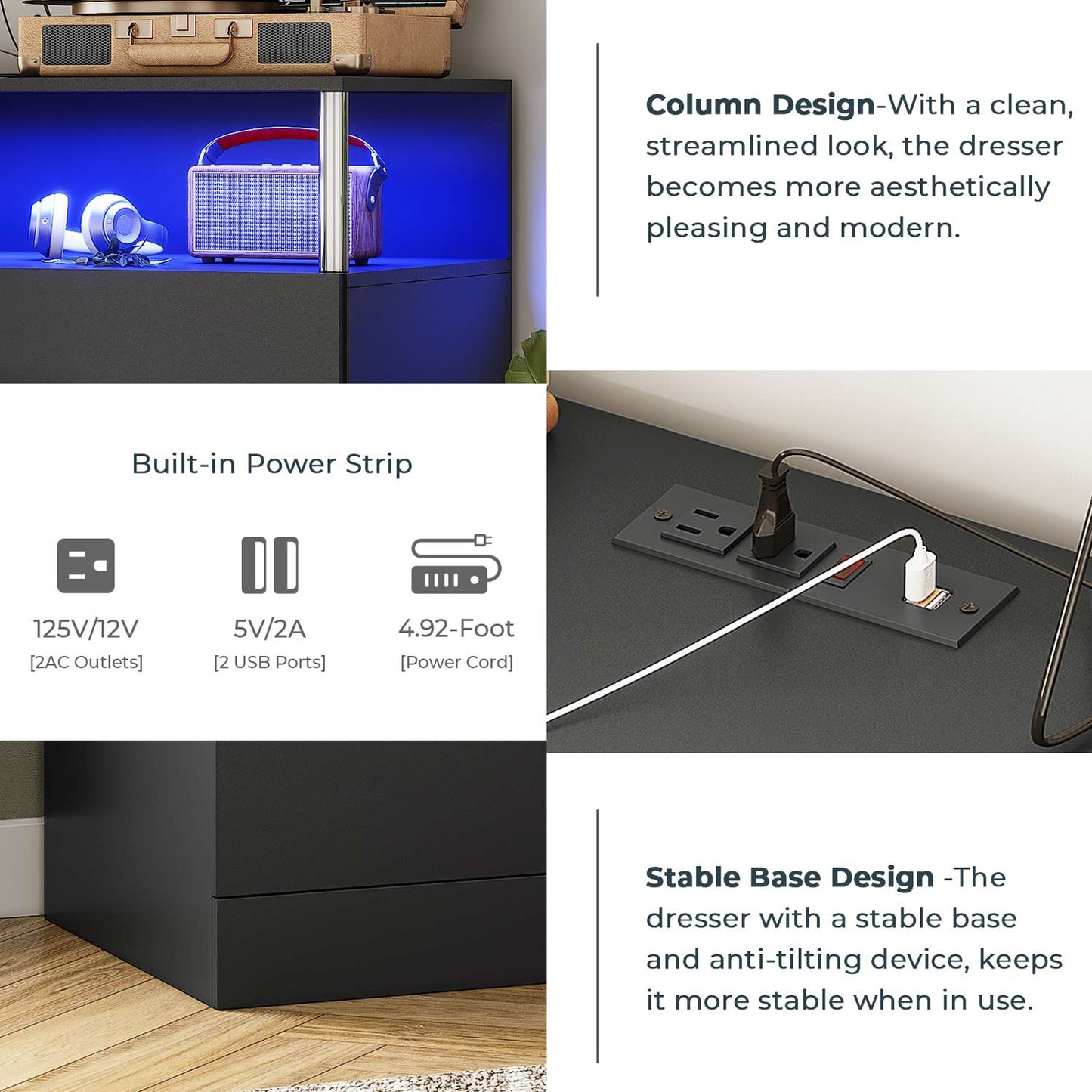 LED Wide Dresser with 6 Drawers Column Design Black