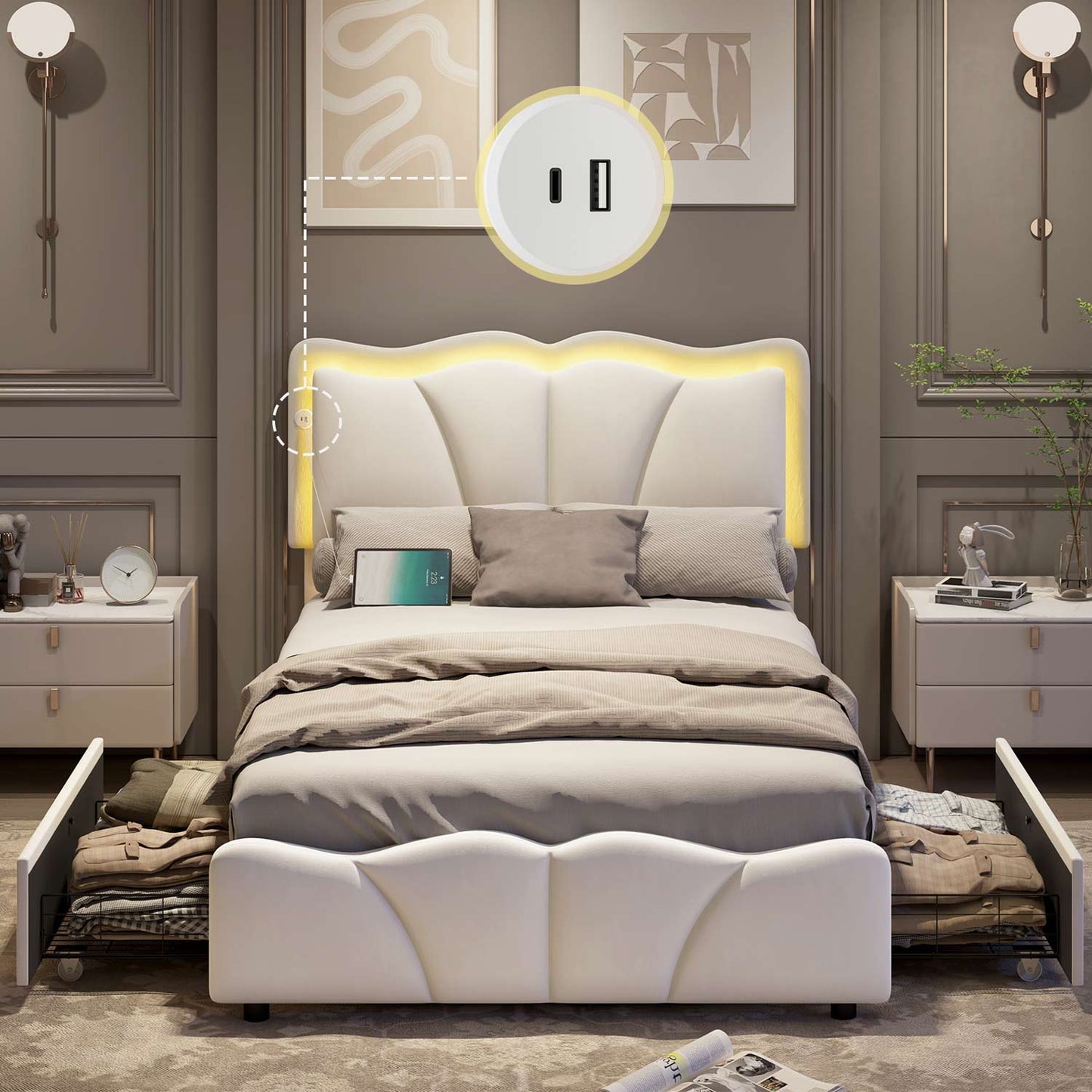 Velvet Upholstered LED Bed Frame with Charging Station White