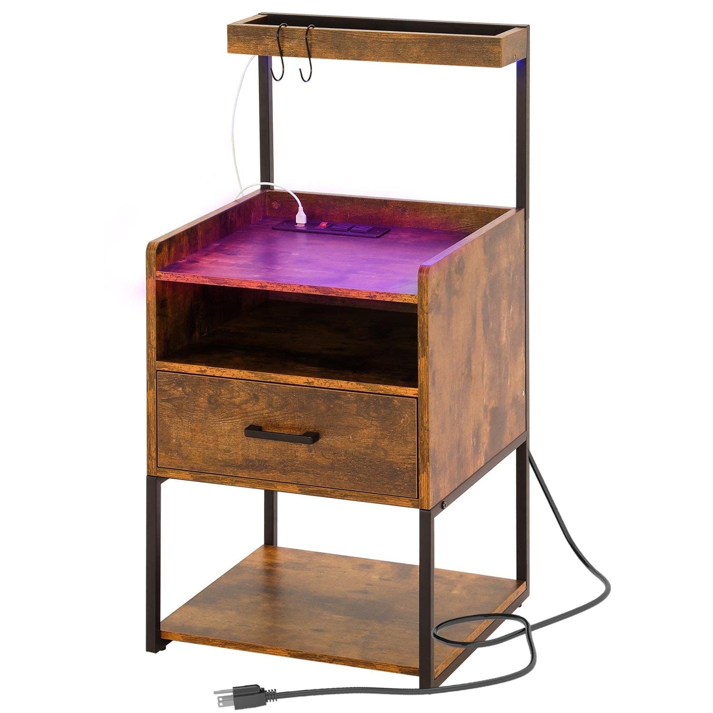 LED Nightstand with Charging Station Brown