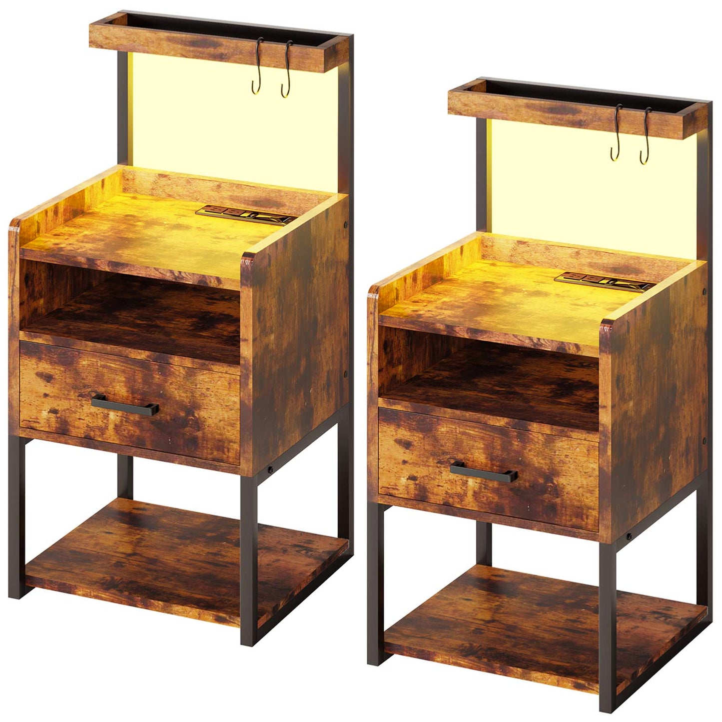 LED Nightstand with Charging Station Brown