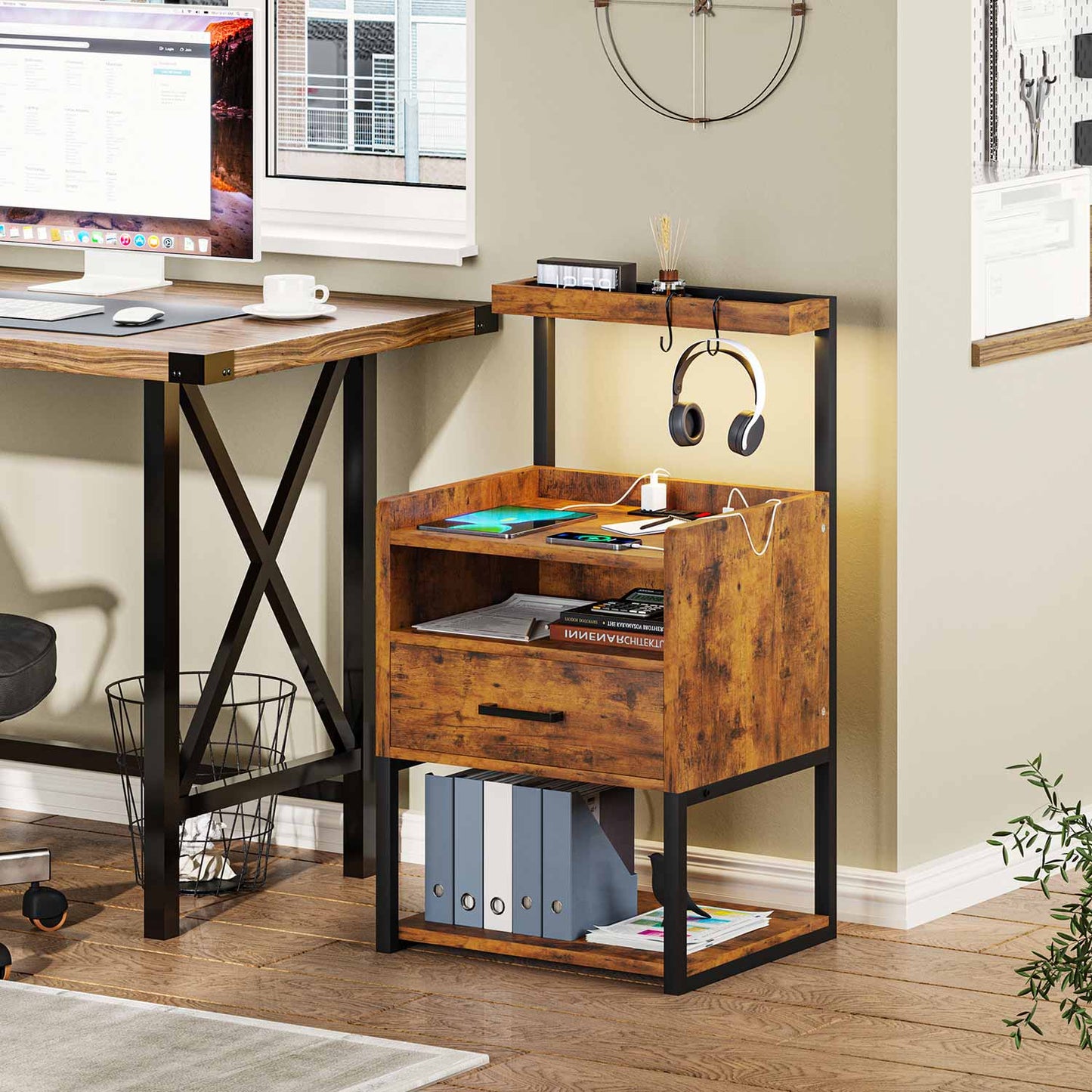 LED Nightstand with Charging Station Brown