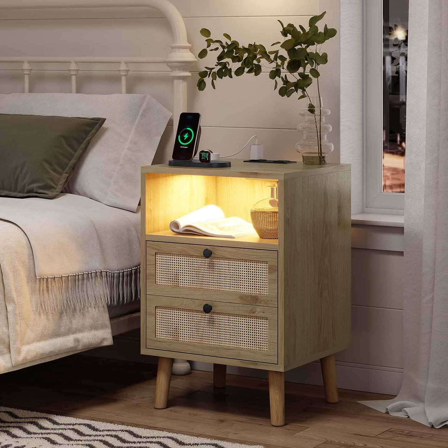 Natural Rattan LED Nightstand with Charging Station