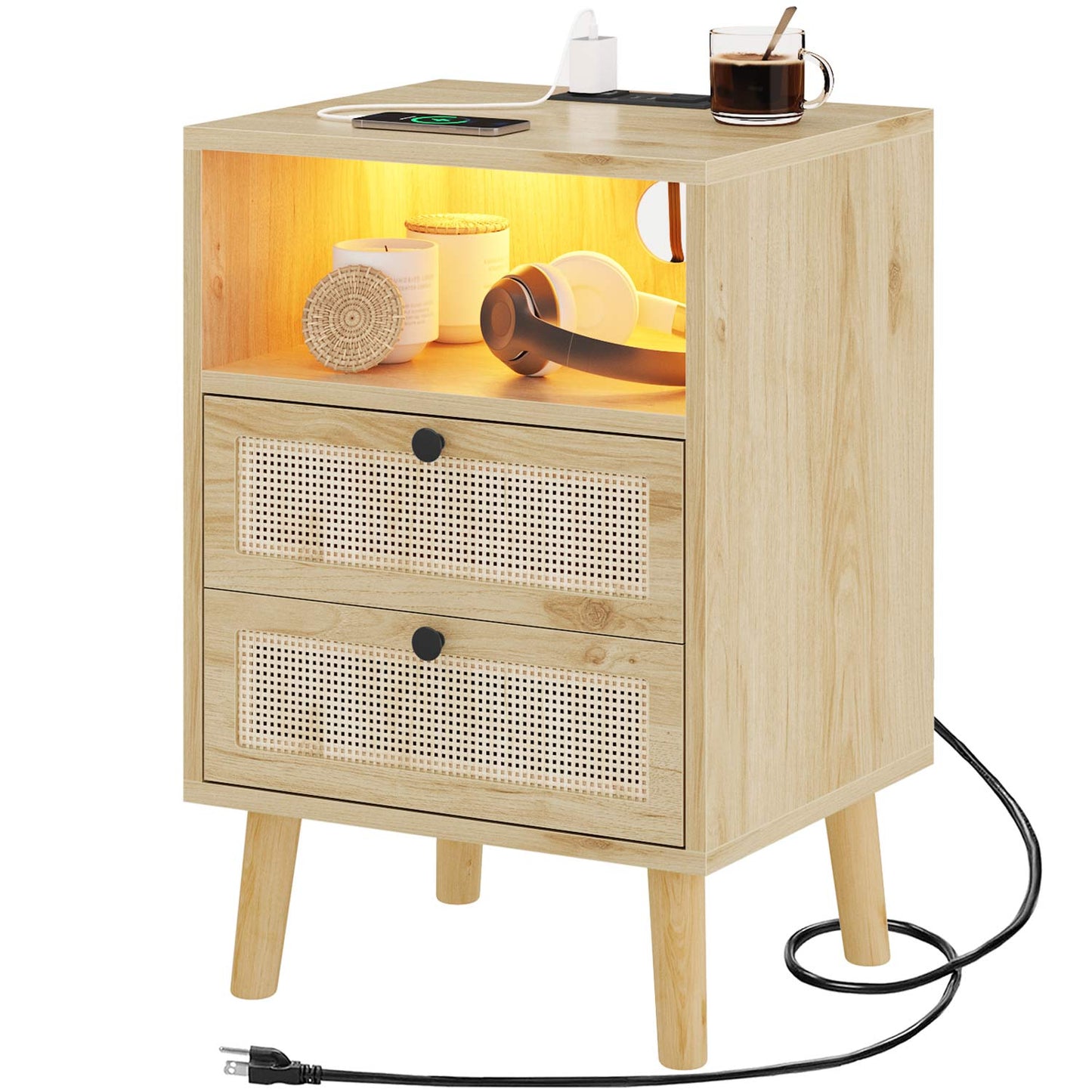 Natural Rattan LED Nightstand with Charging Station