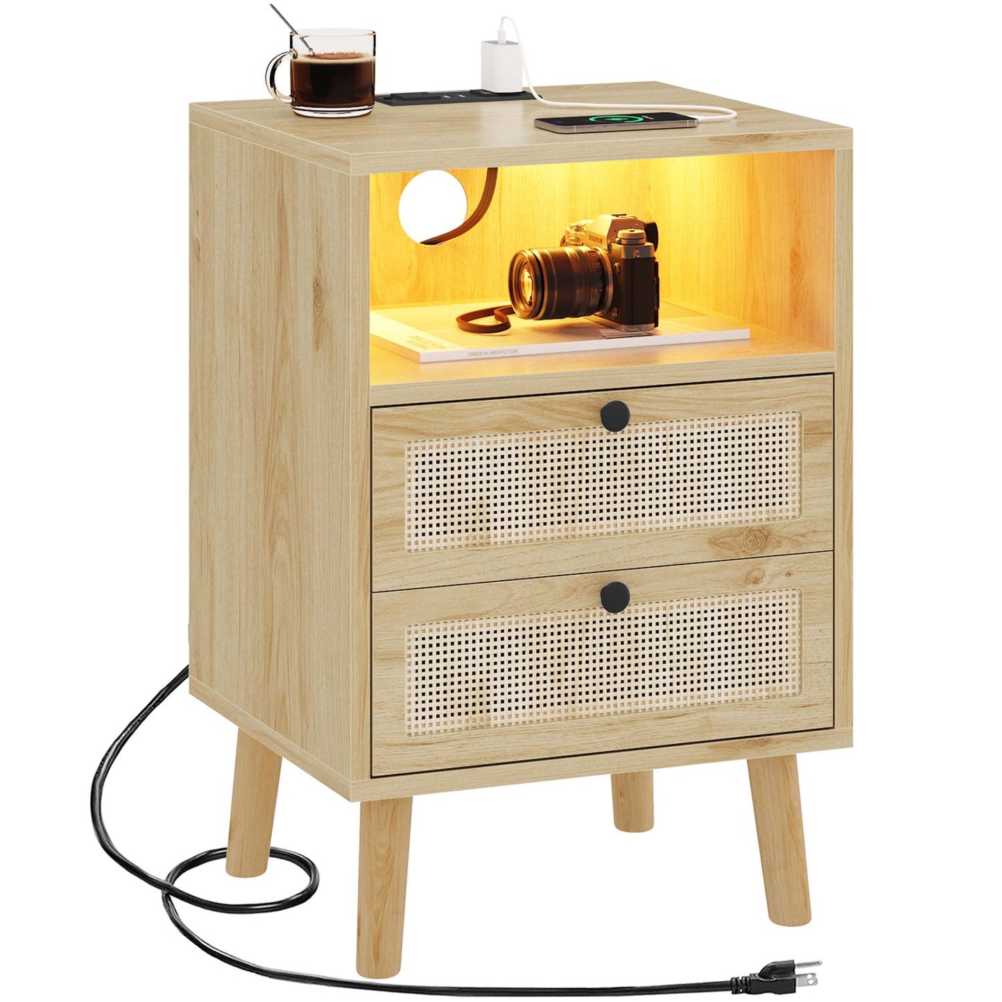 Natural Rattan LED Nightstand with Charging Station