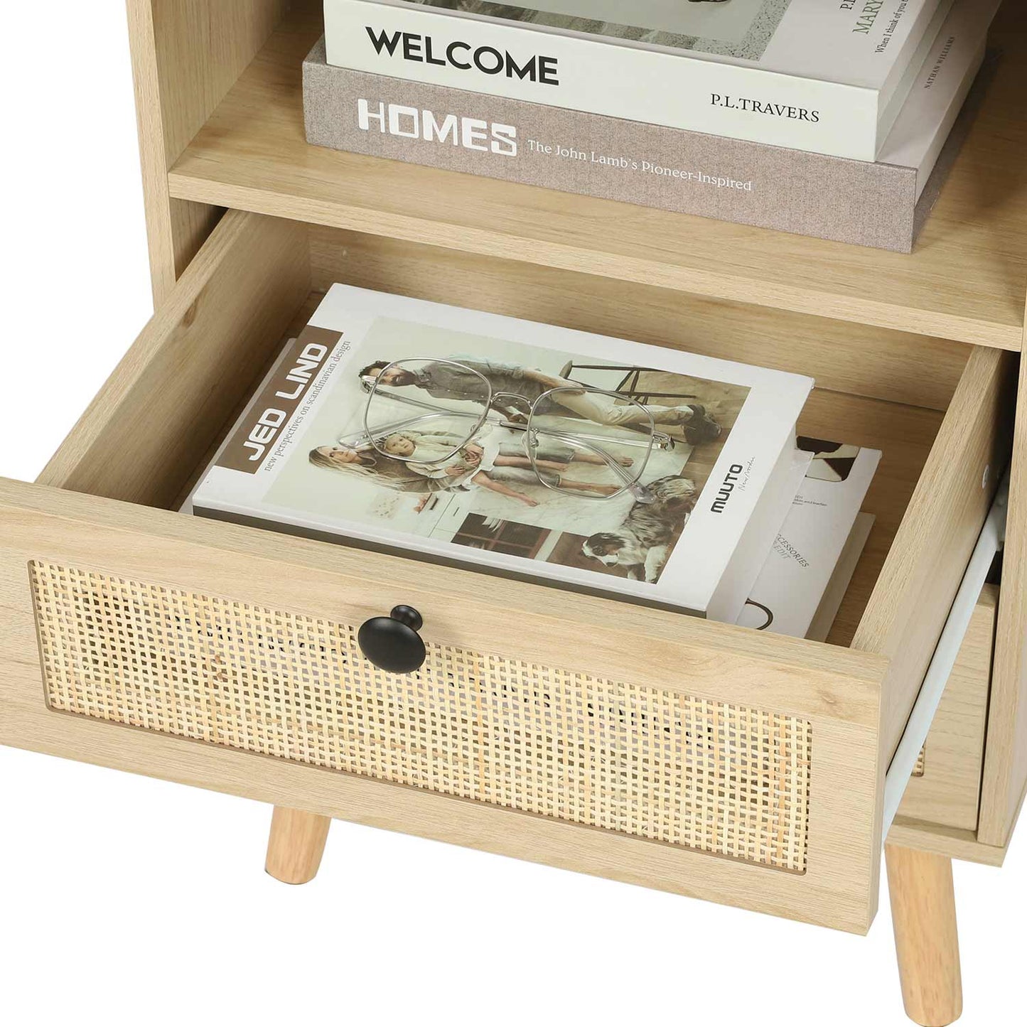 Natural Rattan LED Nightstand with Charging Station