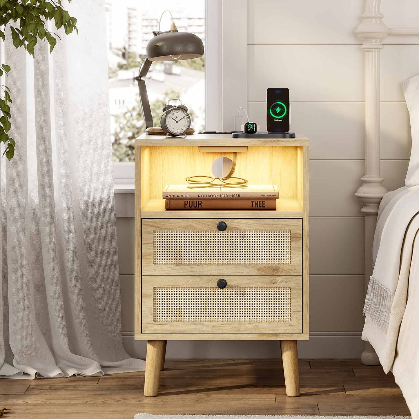 Natural Rattan LED Nightstand with Charging Station