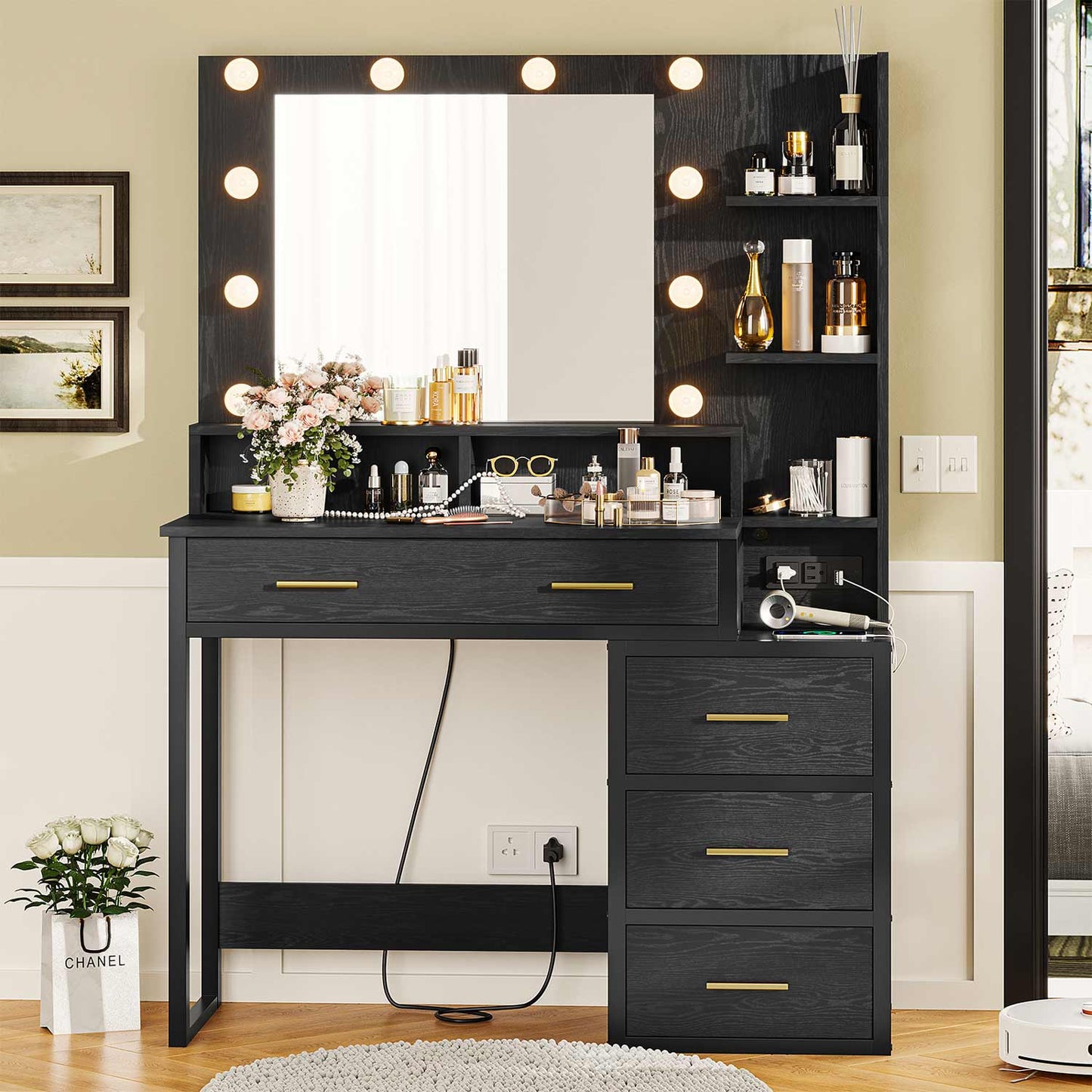 Makeup Vanity with LED Mirror Charging Station Black