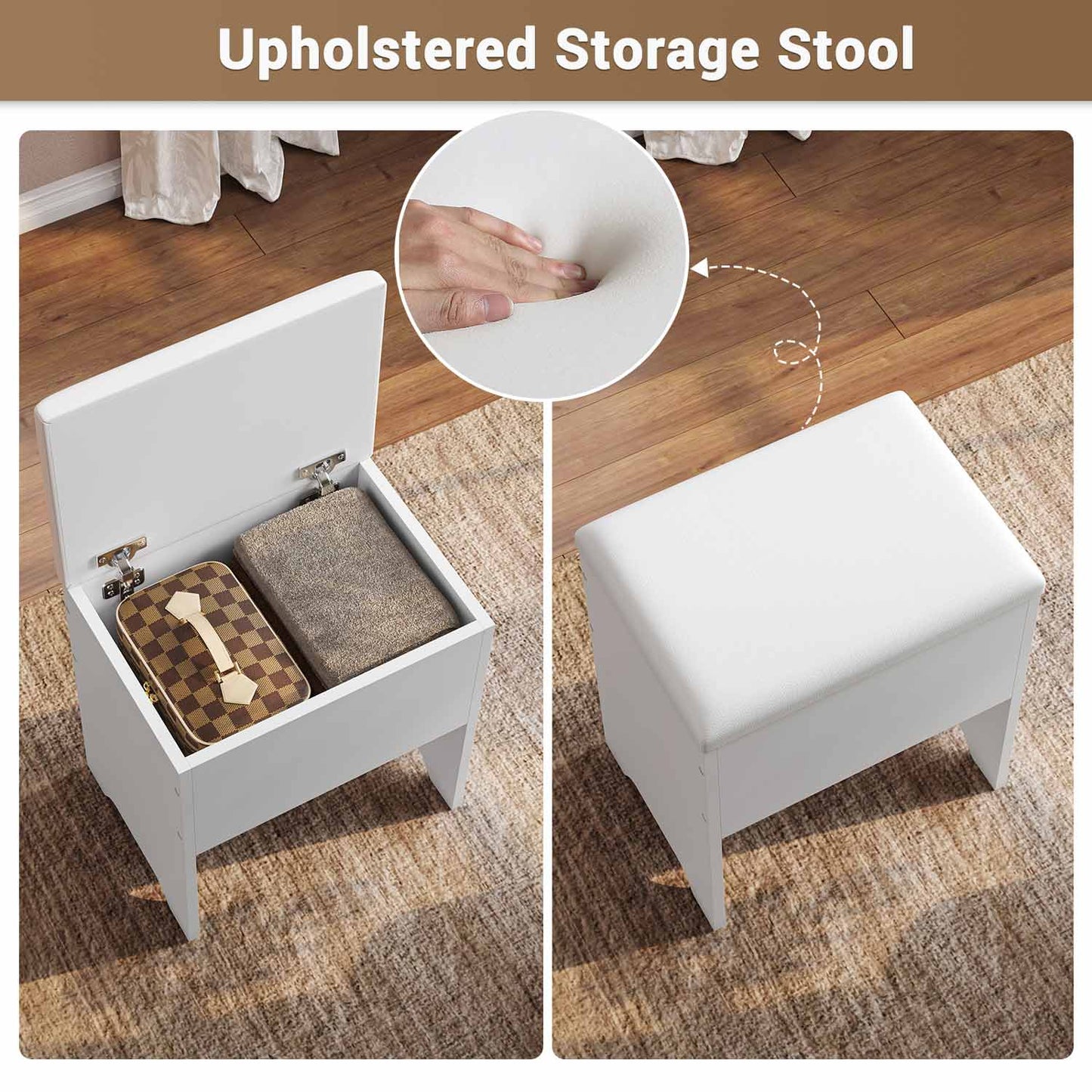Corner Makeup Vanity Set with Upholstered Storage Stool White