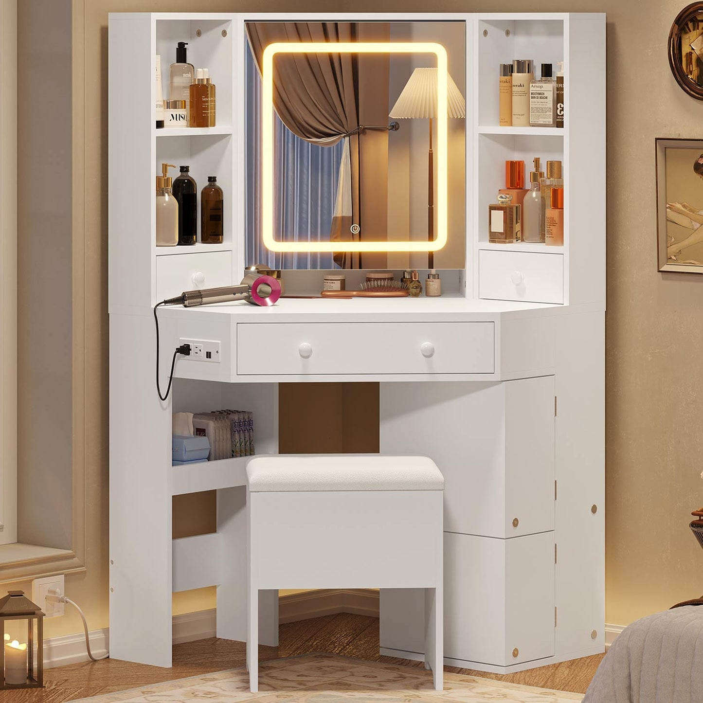 Corner Makeup Vanity Set with Upholstered Storage Stool White