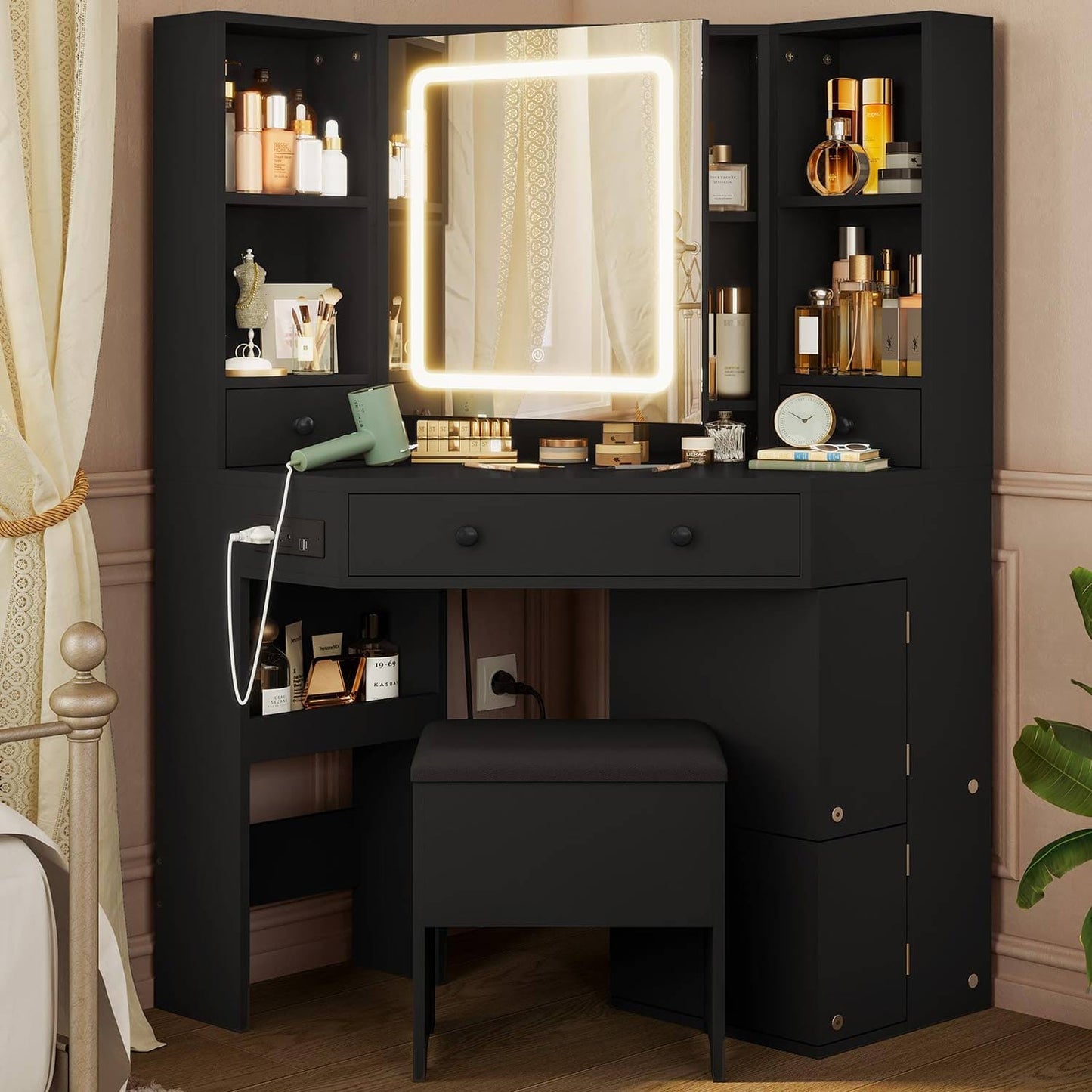 Corner Makeup Vanity Set with Upholstered Storage Stool Black