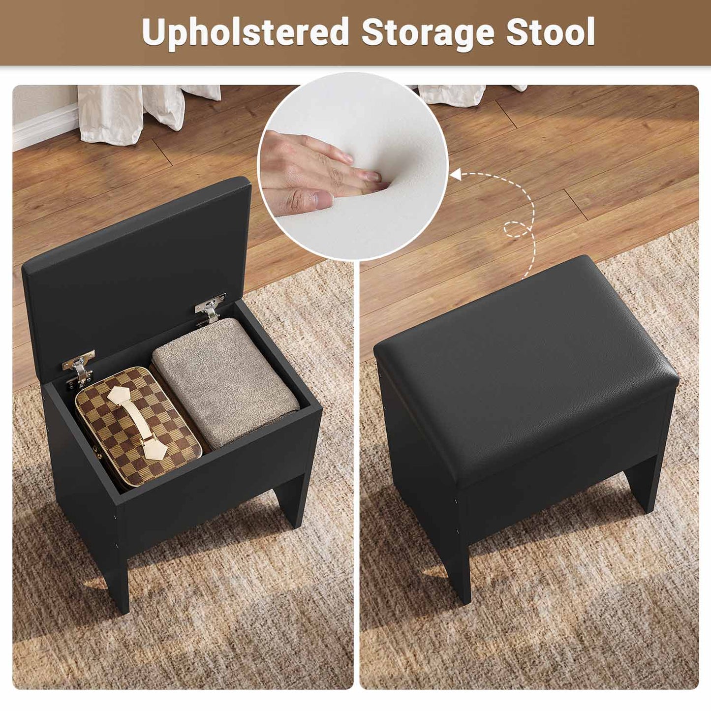 Corner Makeup Vanity Set with Upholstered Storage Stool Black