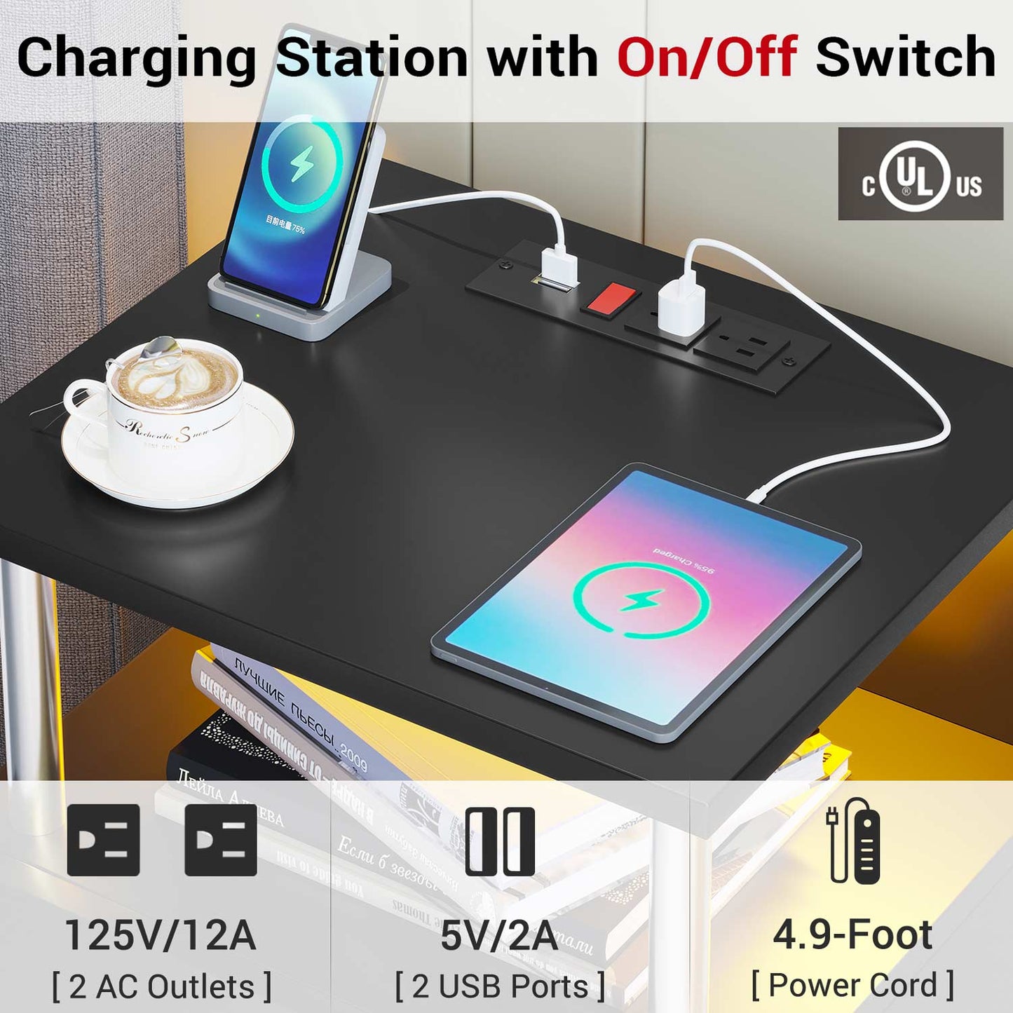LED Nightstand with Charging Station Black